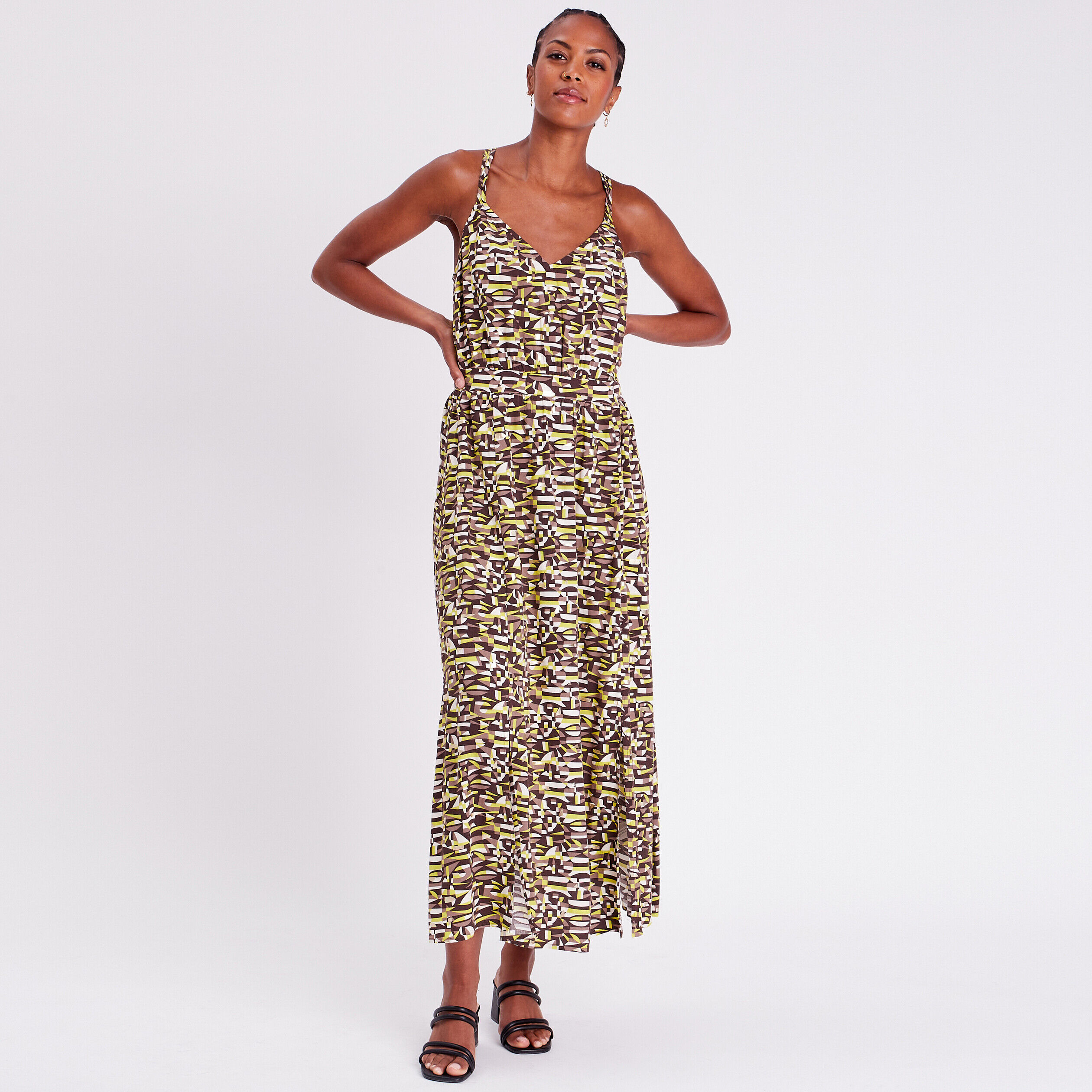 Robe longue évasée fendue marron femme | Cache Cache