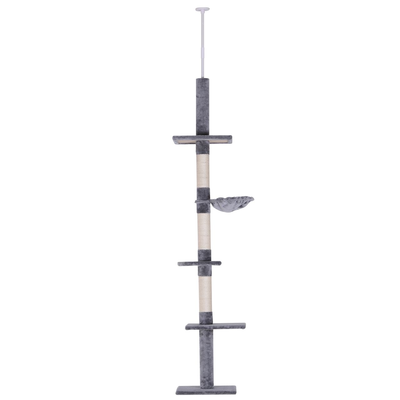 PawHut Katzenbaum, Kratzbaum mit Sisalsäulen, Katzenkratzbaum, Katzen Kletterbaum, Deckenhoch höhenverstellbar, Grau, 40 x 34 x 230-260 cm