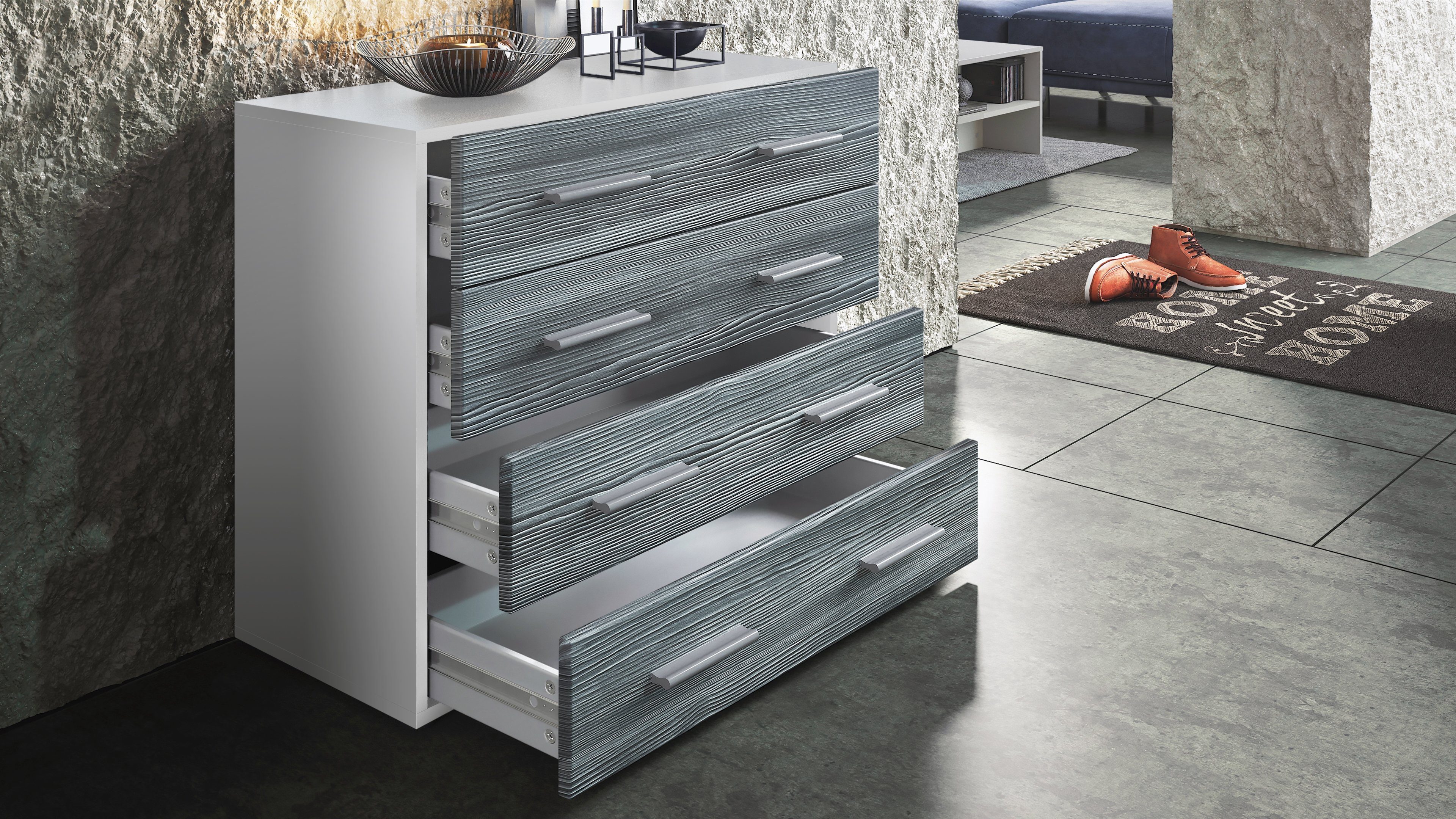 Vladon Kommode Pavos (Kommode, ​mit 4 Schubladen), Weiß matt/Weiß Hochglanz (76 x 72 x 35 cm)