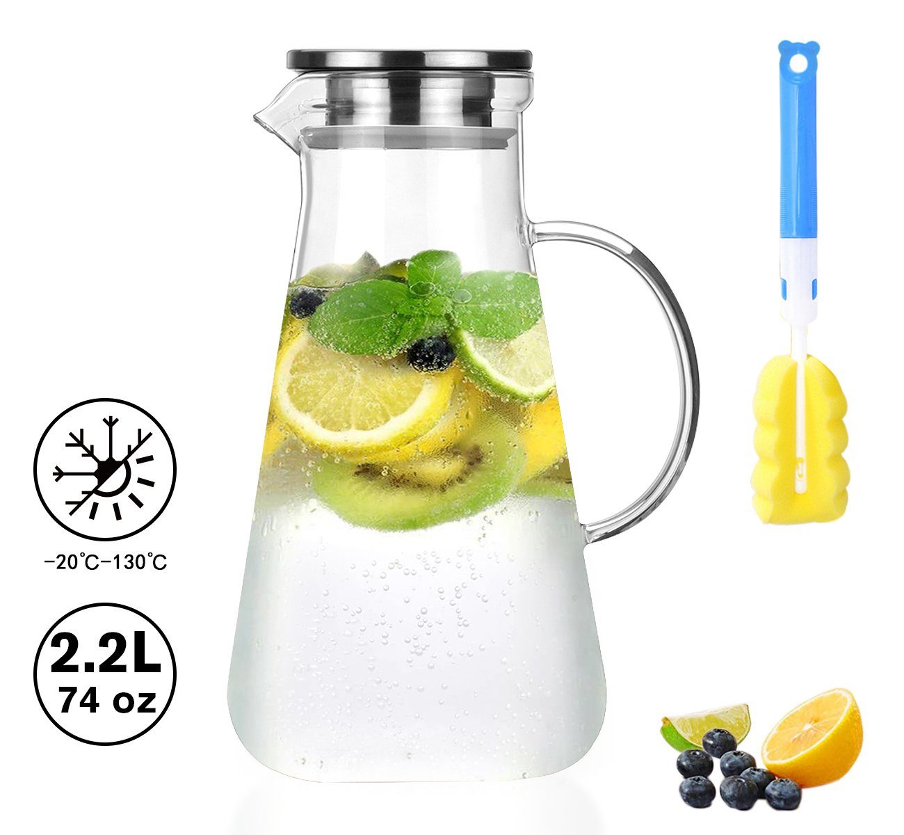 Homewit Karaffe Glas Krug 2,2L Karaffe mit Griff und Filter Wasserkrug Glaskaraffe, (Set, 1-tlg., 2.2 L), Glaskrug, Eistee Krug