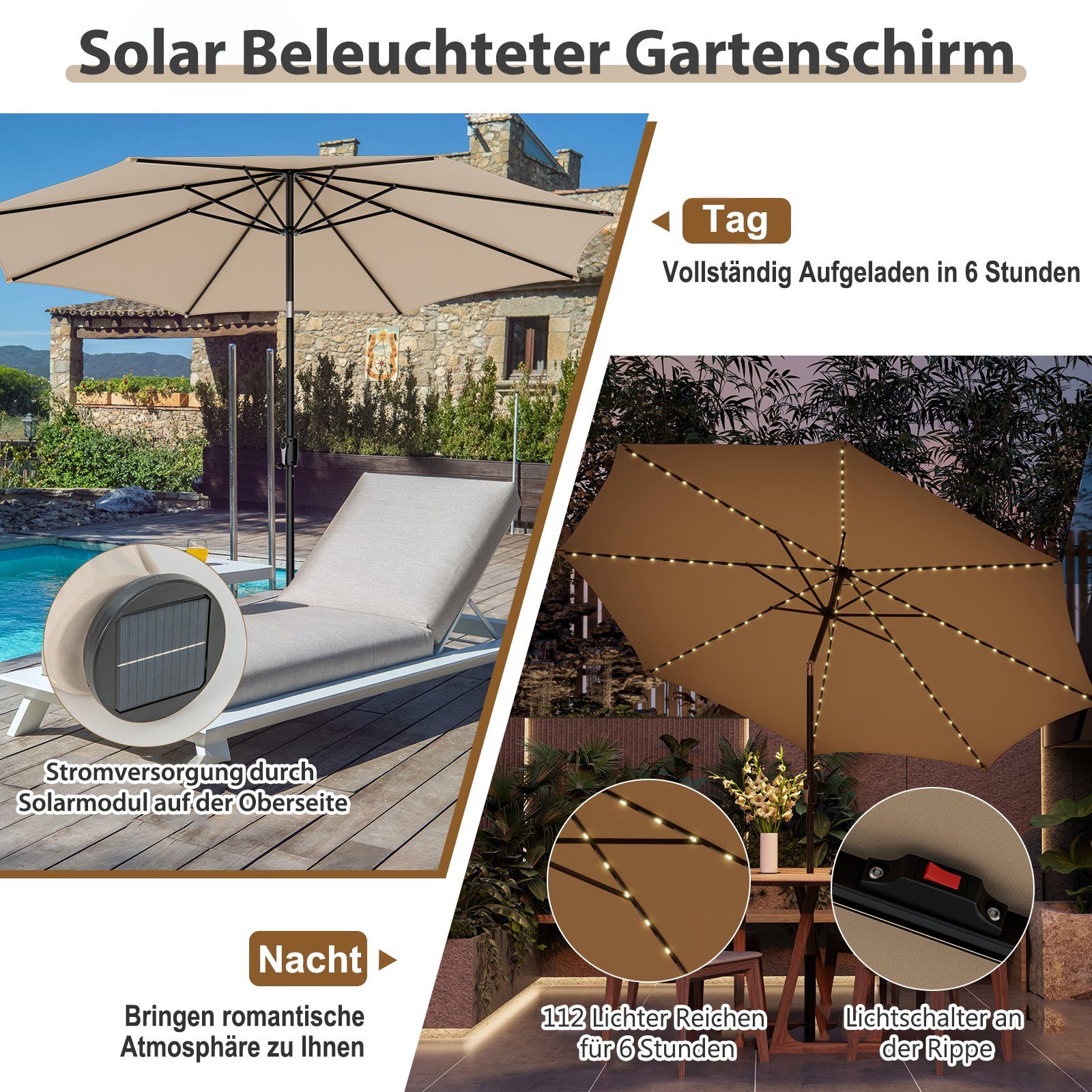 COSTWAY Sonnenschirm, Ø3m, mit 112 LED & Kurbel