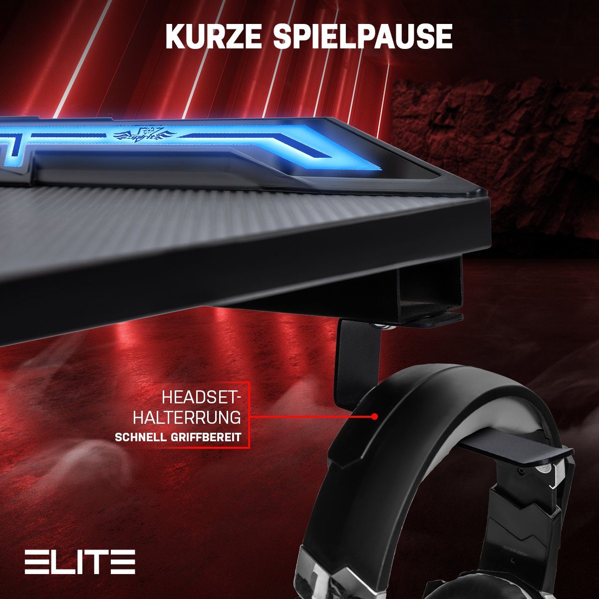 ELITE Gaming Gamingtisch Elite Gamer-Schreibtisch Rocksolid, RGB-LED (Jugendschreibtisch inkl. Getränke-, Headset- und Controller-Spiele-Halterung, 2-St., Schreibtisch, verstellbare Standfüße, Kabelkanal, ergonomisches Design), Gamingtisch inkl. Fern
