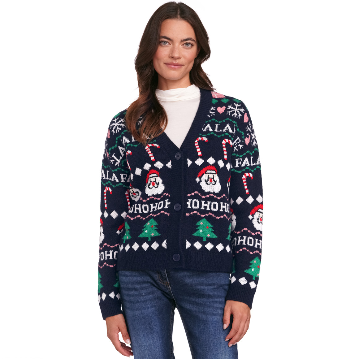 Damen Weihnachtsstrickjacke mit V-Ausschnitt dunkelblau