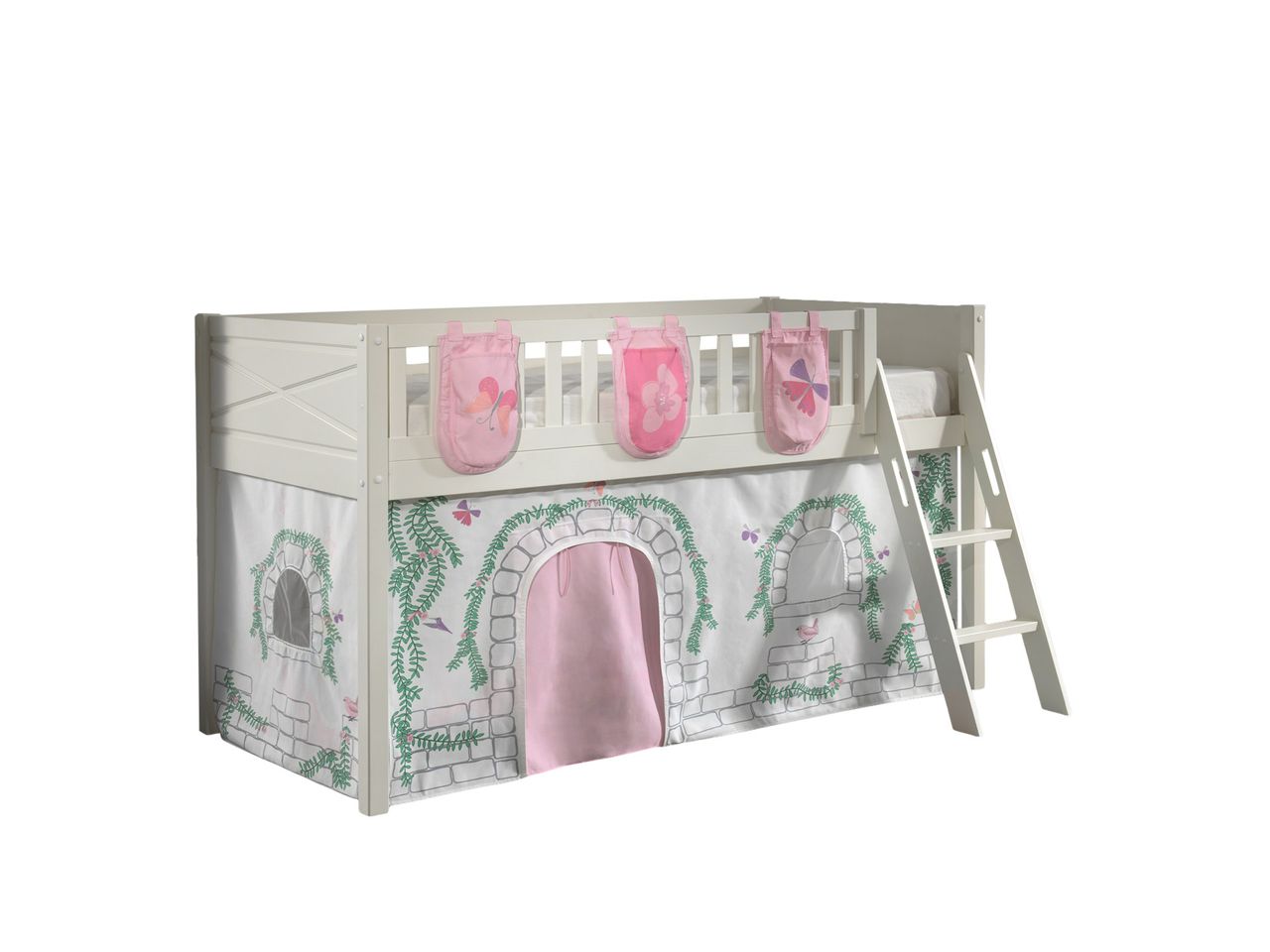 VIPACK Spielbett SCOTT, LF 90 x 200 cm, mit Rolllattenrost, Leiter und Textilset Vorhang und 3 Taschen 