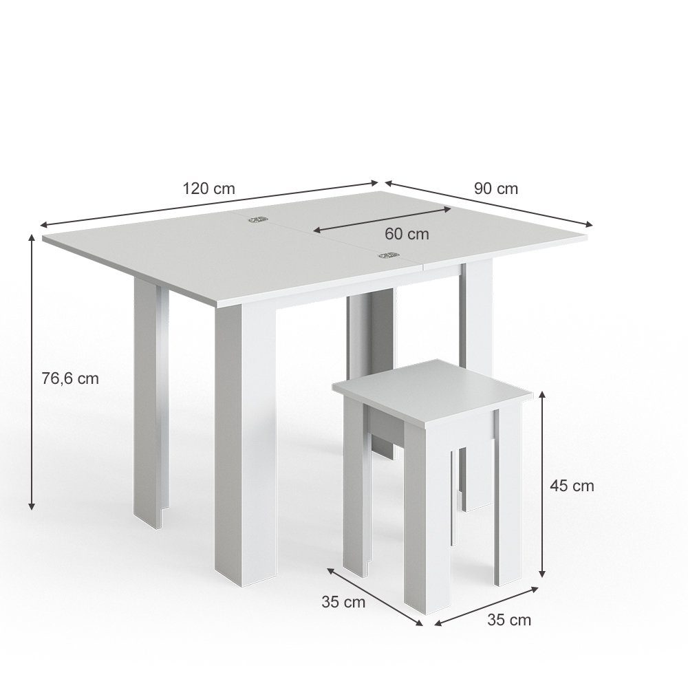 Vicco Esstisch Küchentisch Hocker ROMAN 120x90cm weiß
