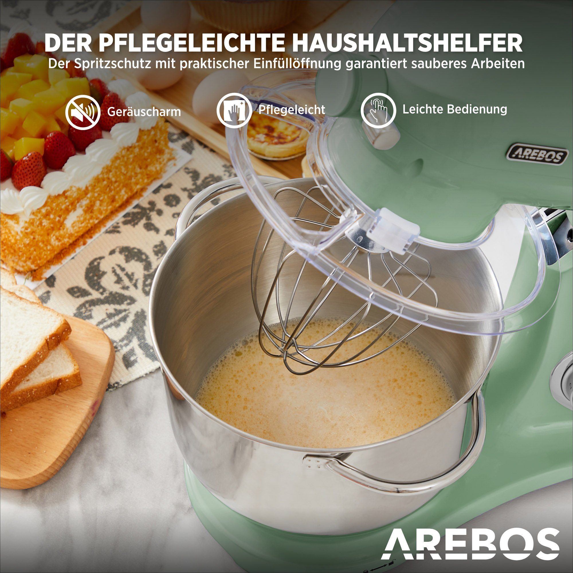 Arebos Küchenmaschine Retro, 6L Edelstahl-Rührschüssel, 6 Geschwindigkeiten, 1800 W