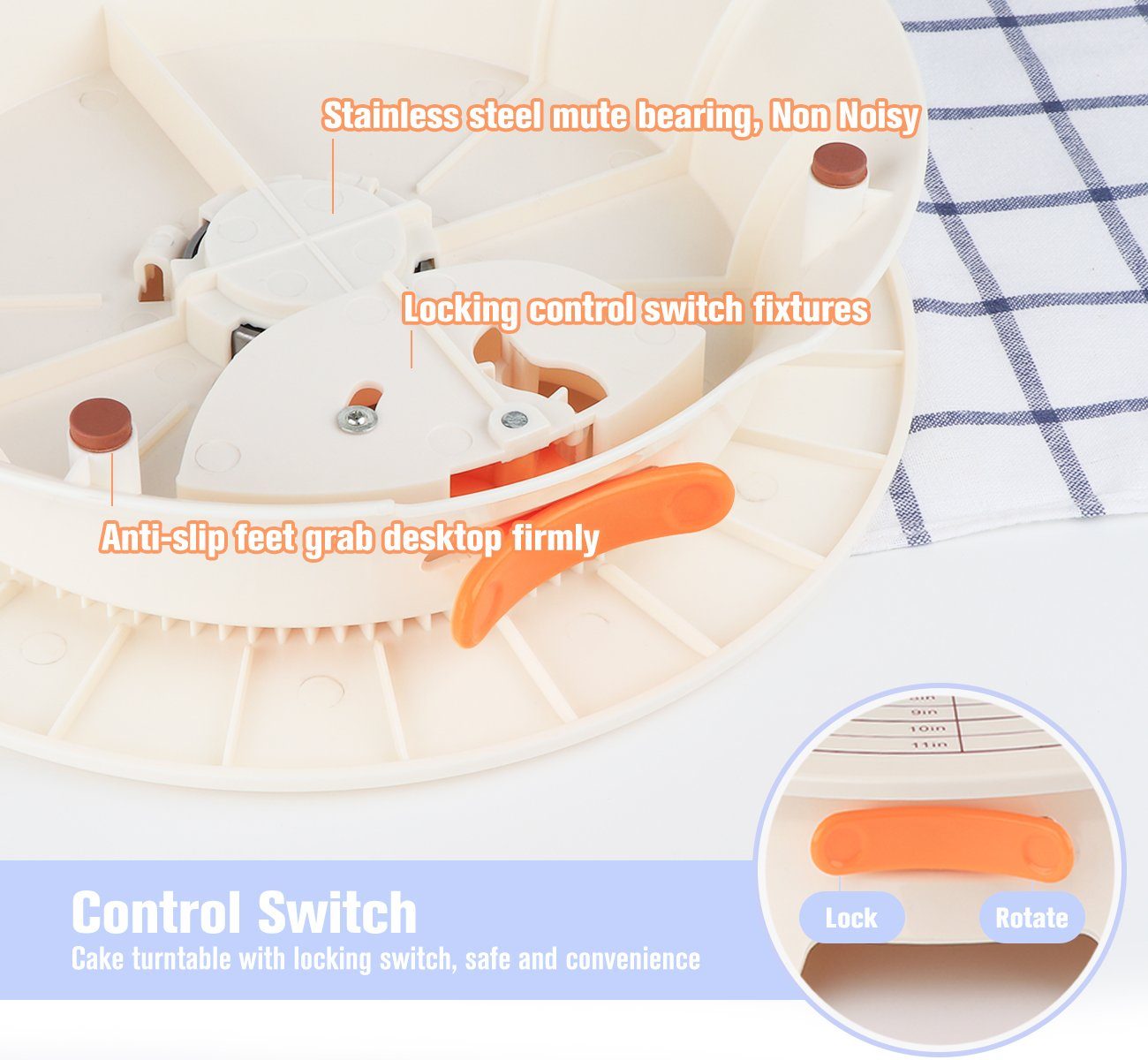 Homewit Tortenplatte Kuchenplatte Drehbar Abschließbar 30cm Tortenständer Kuchen Drehteller, (Set, 1-tlg., mit 2 Winkelpalette, 3 Icing Smoother), für Backen Gebäck, Zuckerguss, Mustern