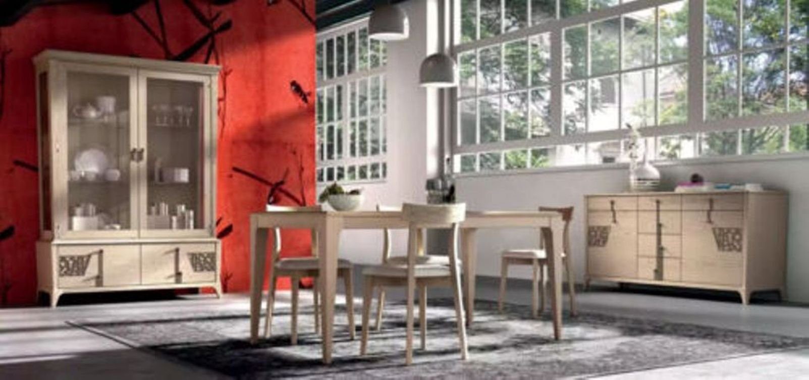 JVmoebel Esszimmer-Set Beige Esszimmer Garnitur Set Tisch 4x Stühle Vitrine, (7-St., Nur Esstisch + 4x Stühle + Sideboard + Vitrine), Made in Italy