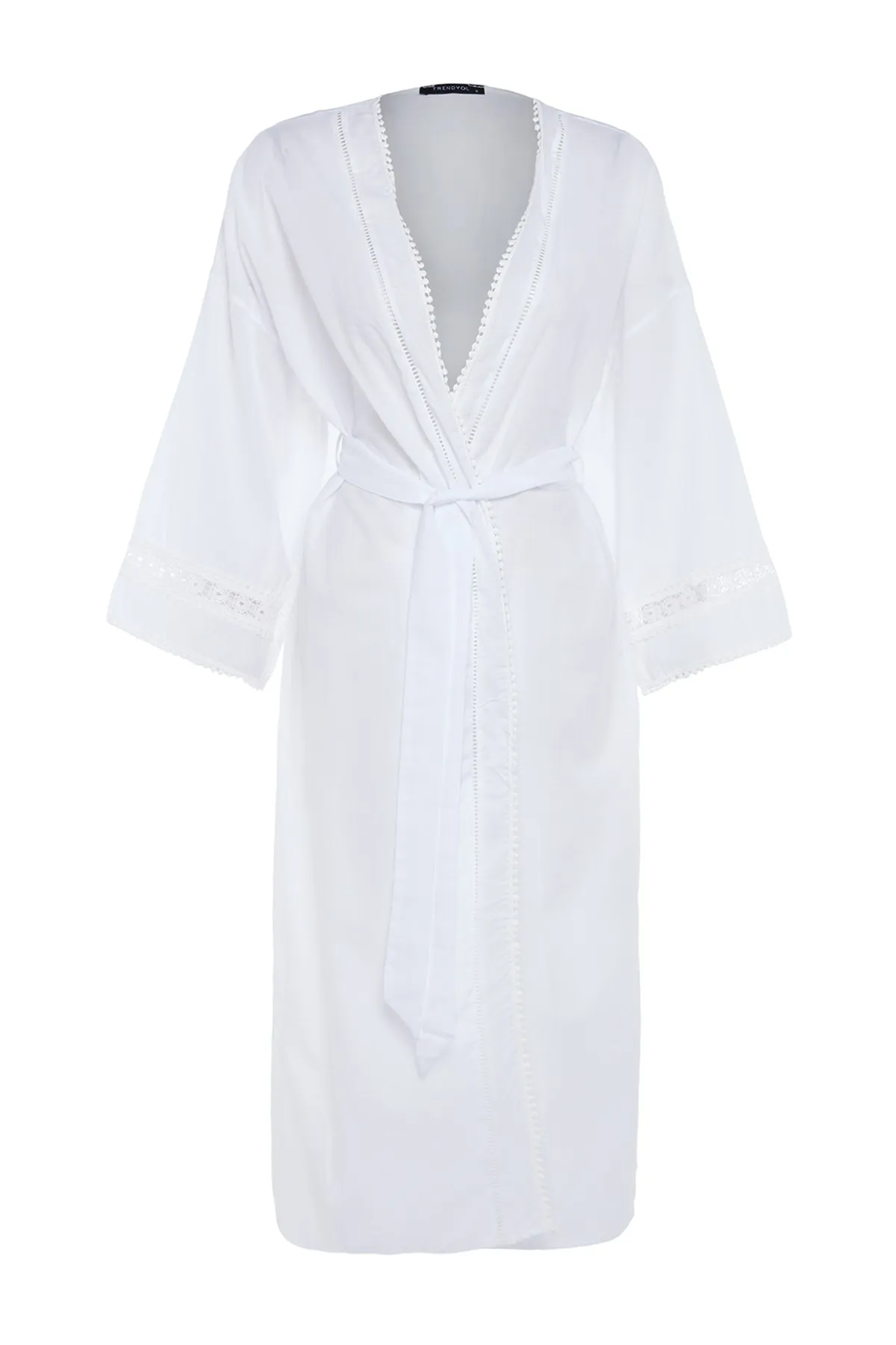 Trendyol Collection  Ecrufarbener, gewebter Midi-Kimono und Kaftan aus 100 % Baumwolle mit Gürtel und gestreiften Accessoires TBESS21KM0008