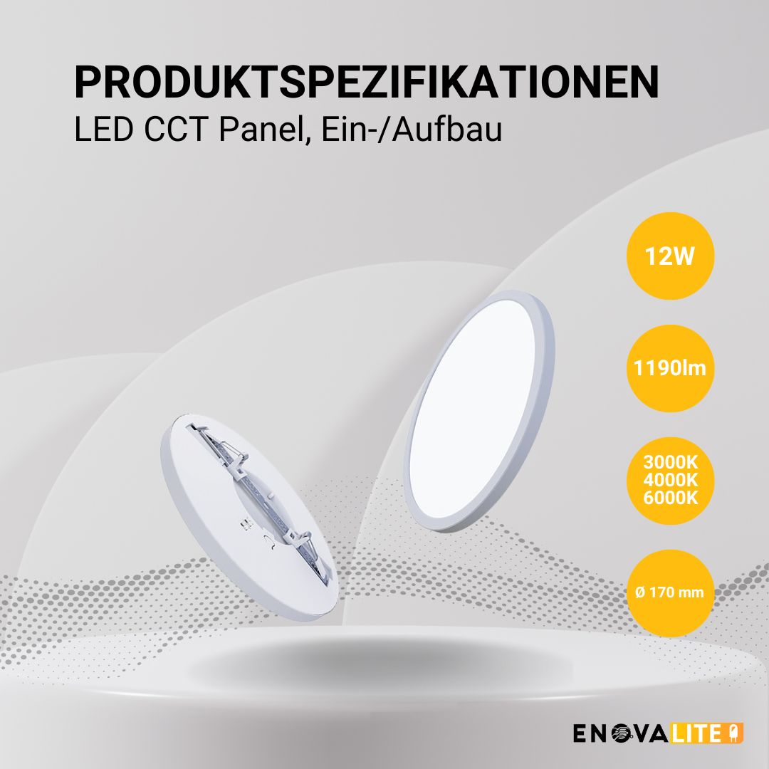 ENOVALITE LED CCT Panel, Ein-/Aufbau, 12W, ø170mm, Lochdurchm. variabel