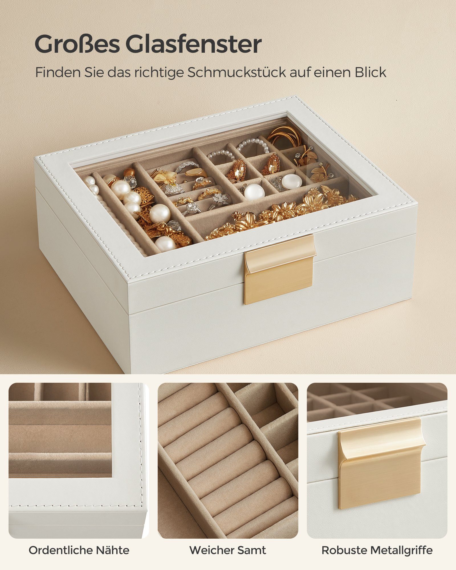 SONGMICS Schmuckkasten, mit Glasdeckel, Schmuckkasten 2 Ebenen, Schmucktablett herausnehmbar
