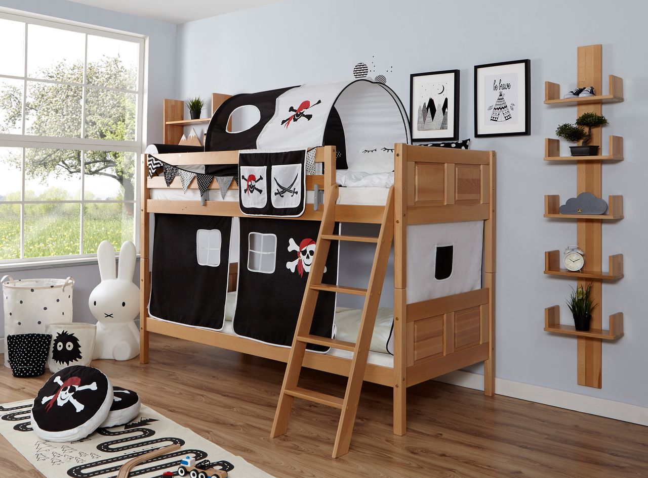 Ticaa Etagenbett Erni Country Buche Pirat-schwarz-weiß,A2