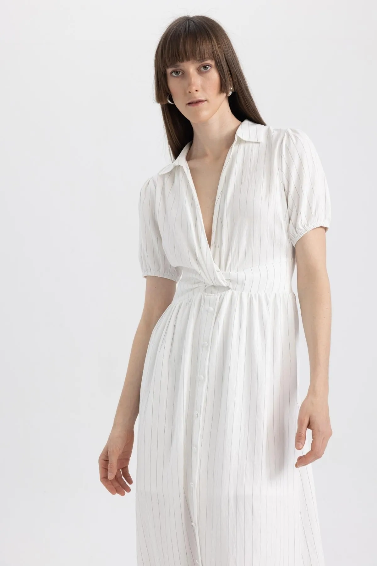 DeFacto  Gestreiftes Midi-Kurzarmkleid mit Hemdkragen
