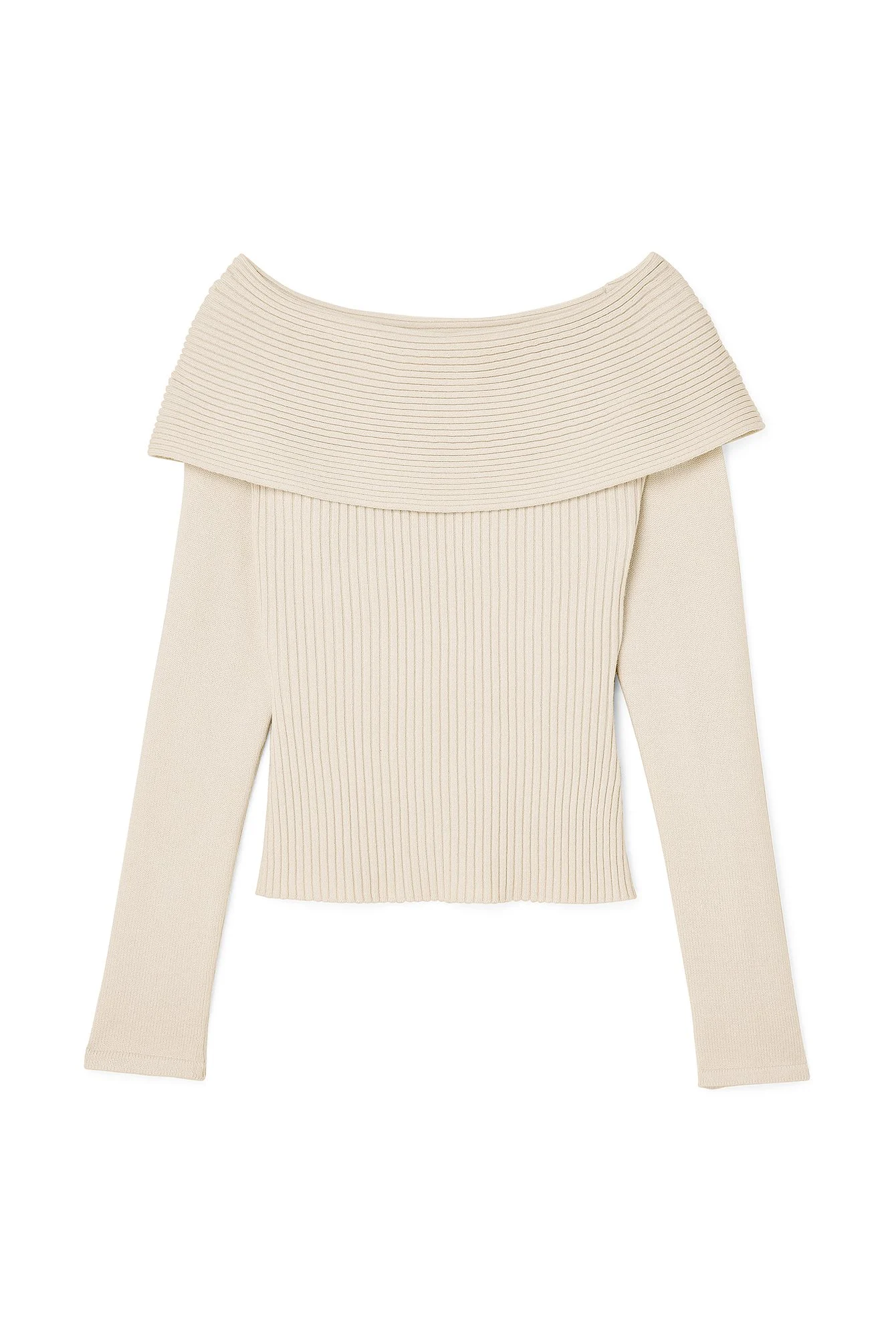 Gerippter, schulterfreier Pullover mit Twist-Effekt