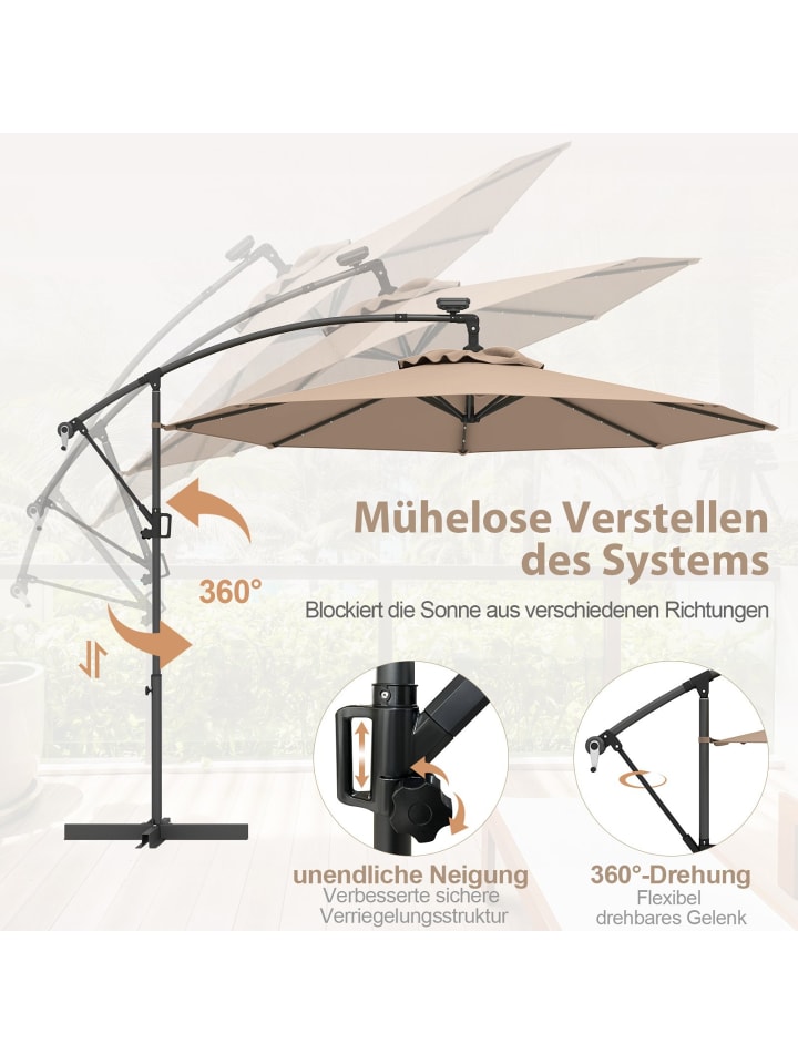 COSTWAY 300cm Sonnenschirm mit LED-Solar-Beleuchtung in Braun günstig kaufen onesize