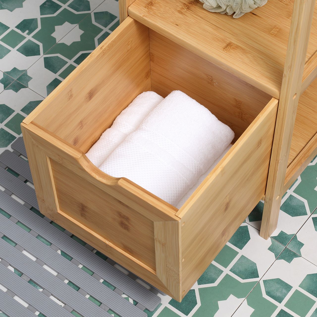 kleankin Badezimmerschrank, Beistellschrank aus Bambus, Hochschrank, Kippschutz