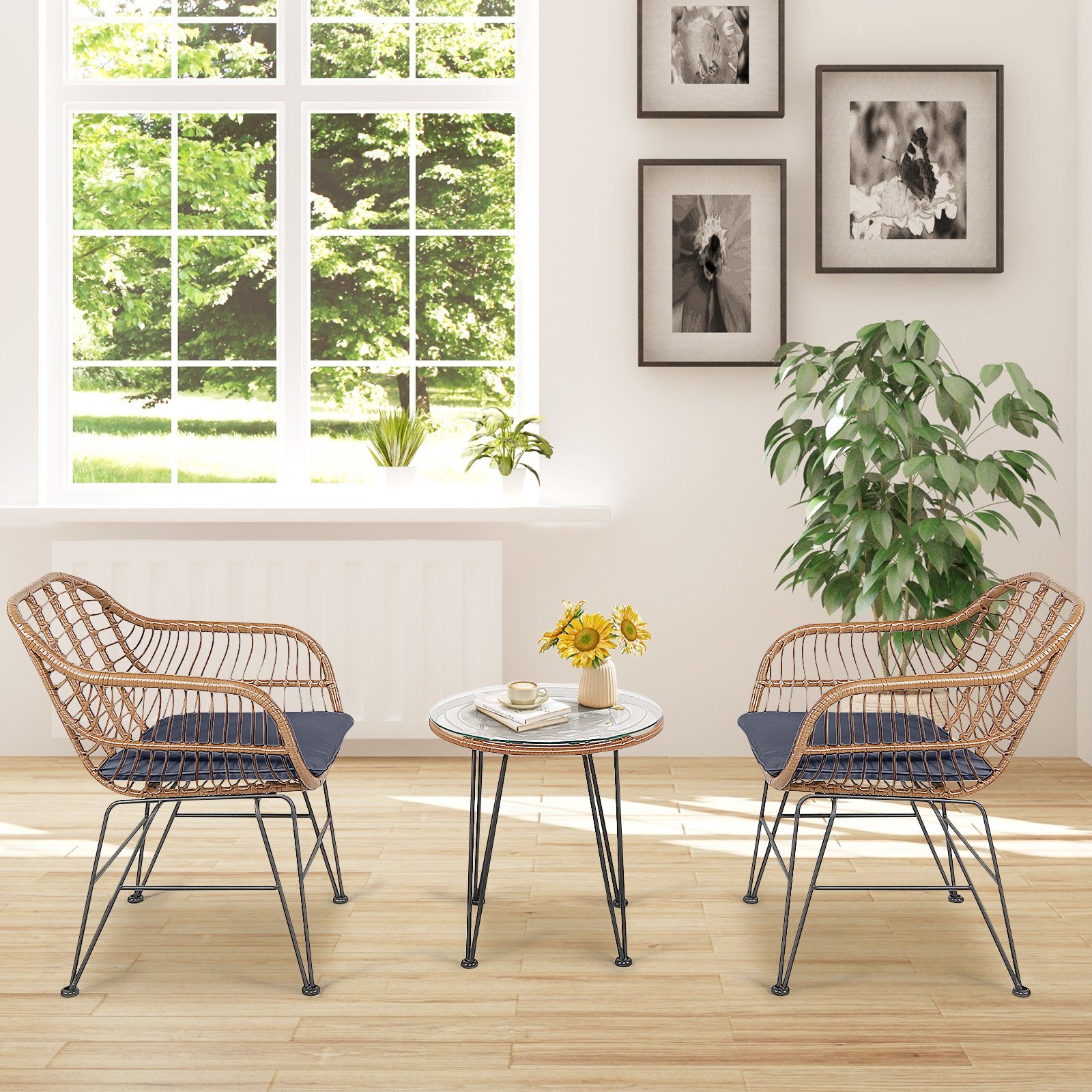 COSTWAY Balkonset, 3-tlg, Rattan, 2 personen, mit Sitzkissen, 180kg