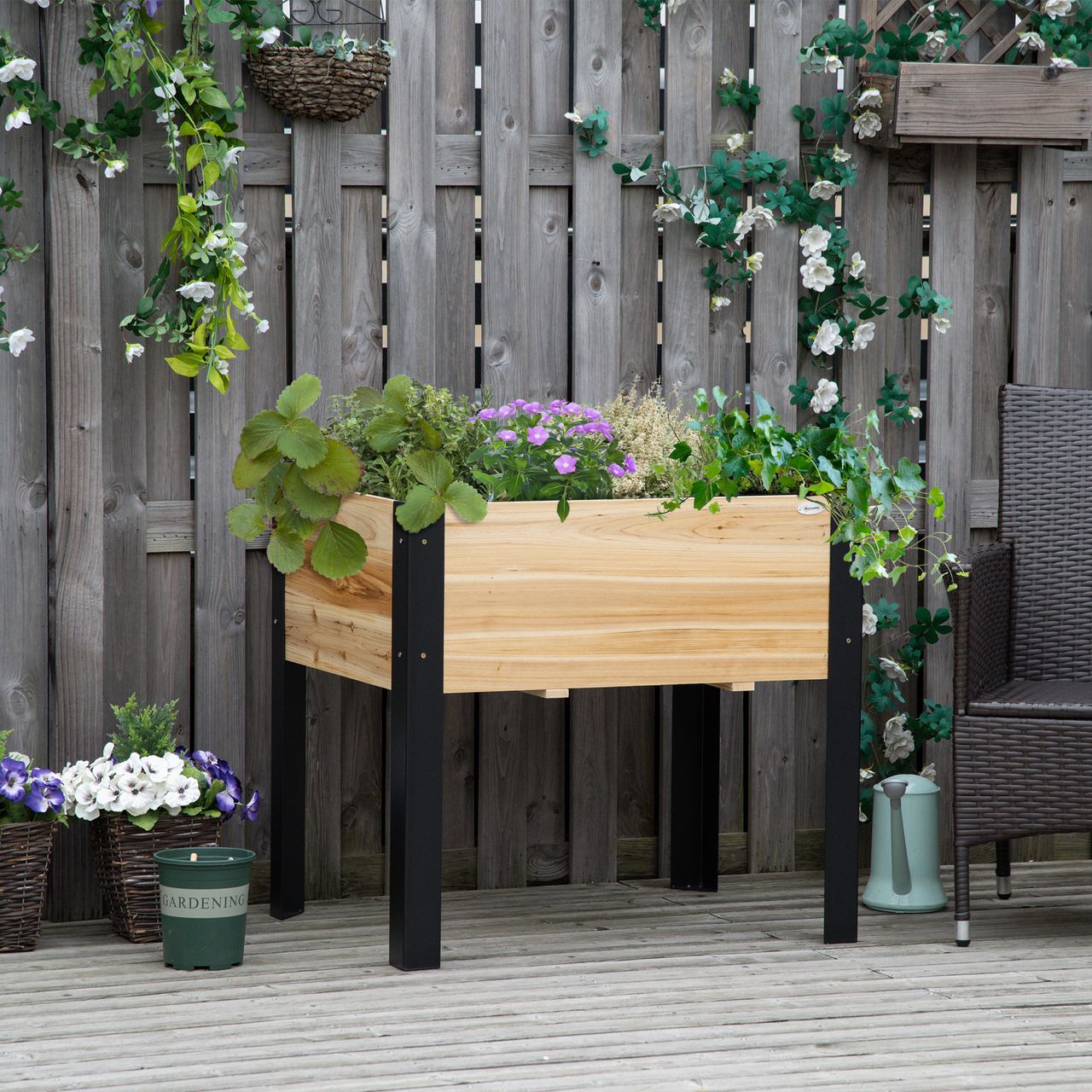 Outsunny Hochbeet Pflanzkasten Blumenkasten Blumentopf Kräuterbeet mit Vliesstoff Massivholz Stahl Natur Schwarz 80 x 60 x 74 cm