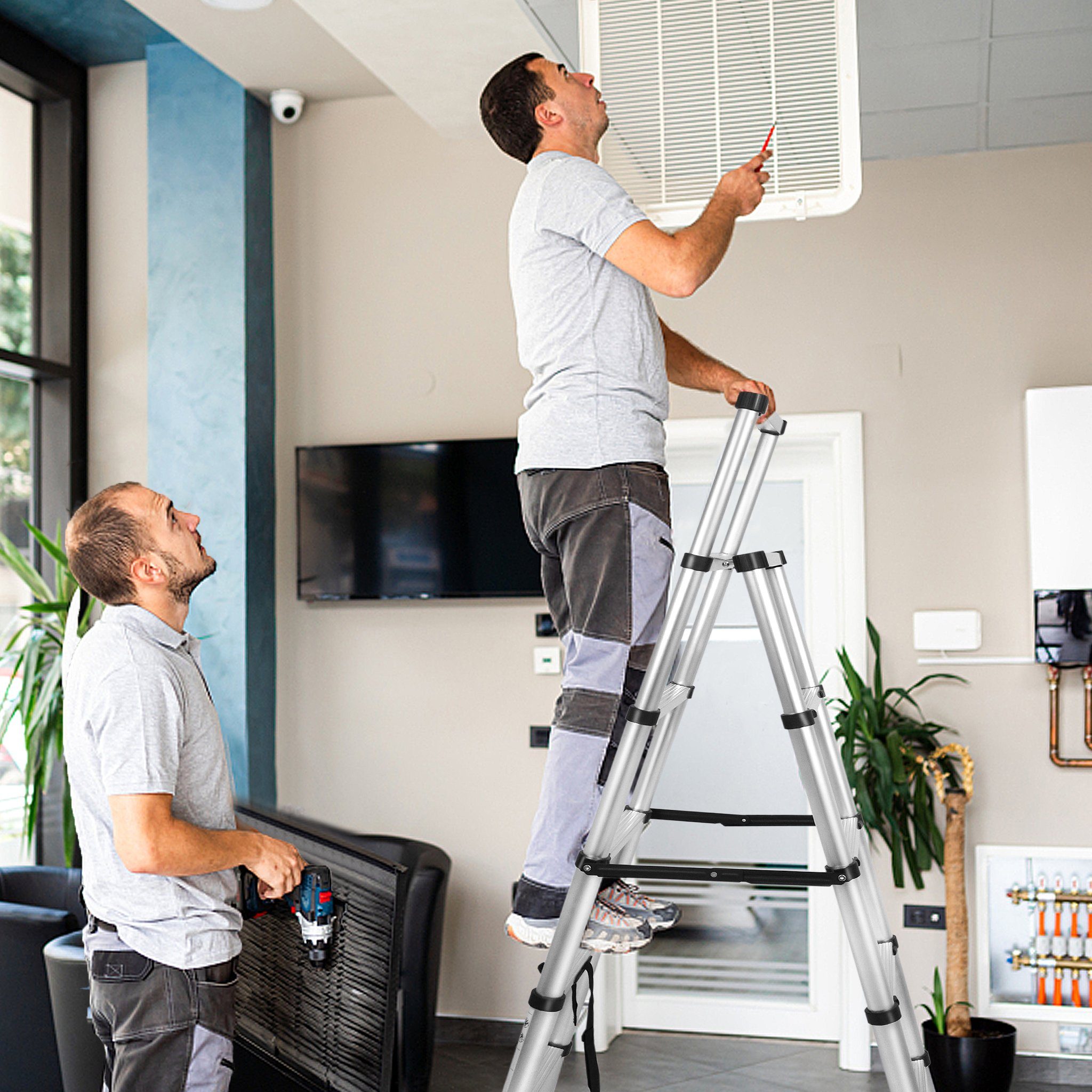 UISEBRT Teleskopleiter Klappbar Teleskopleiter Alu Mehrzweckleiter, 1,4m+1,7m