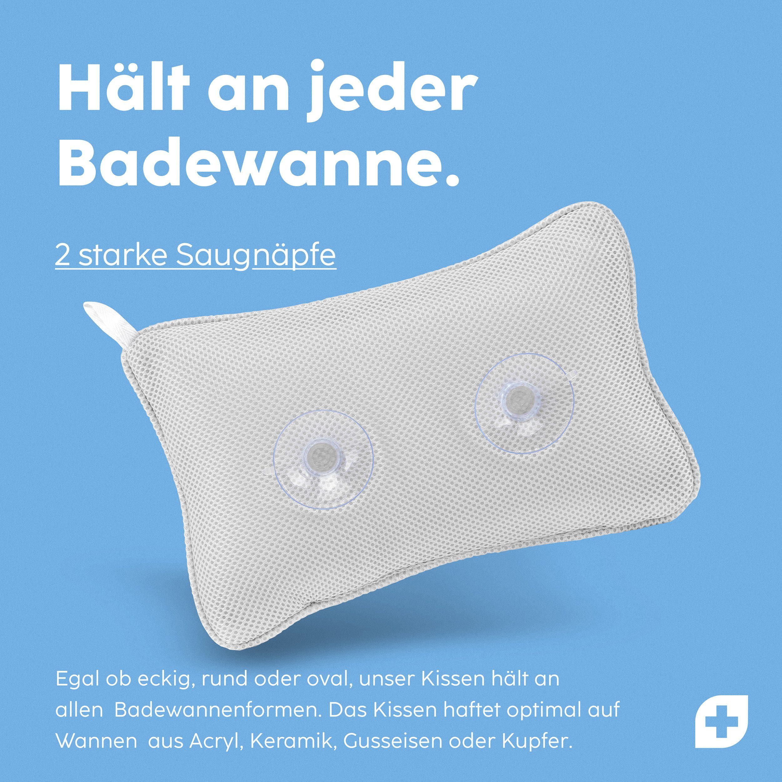 Nackenstützkissen Vesta+ Badewannenkissen S mit Saugnäpfen und Haken, Badekissen, Vesta+, Waschmaschinentauglich, Klimaneutral und nachhaltig, Badewannenkissen
