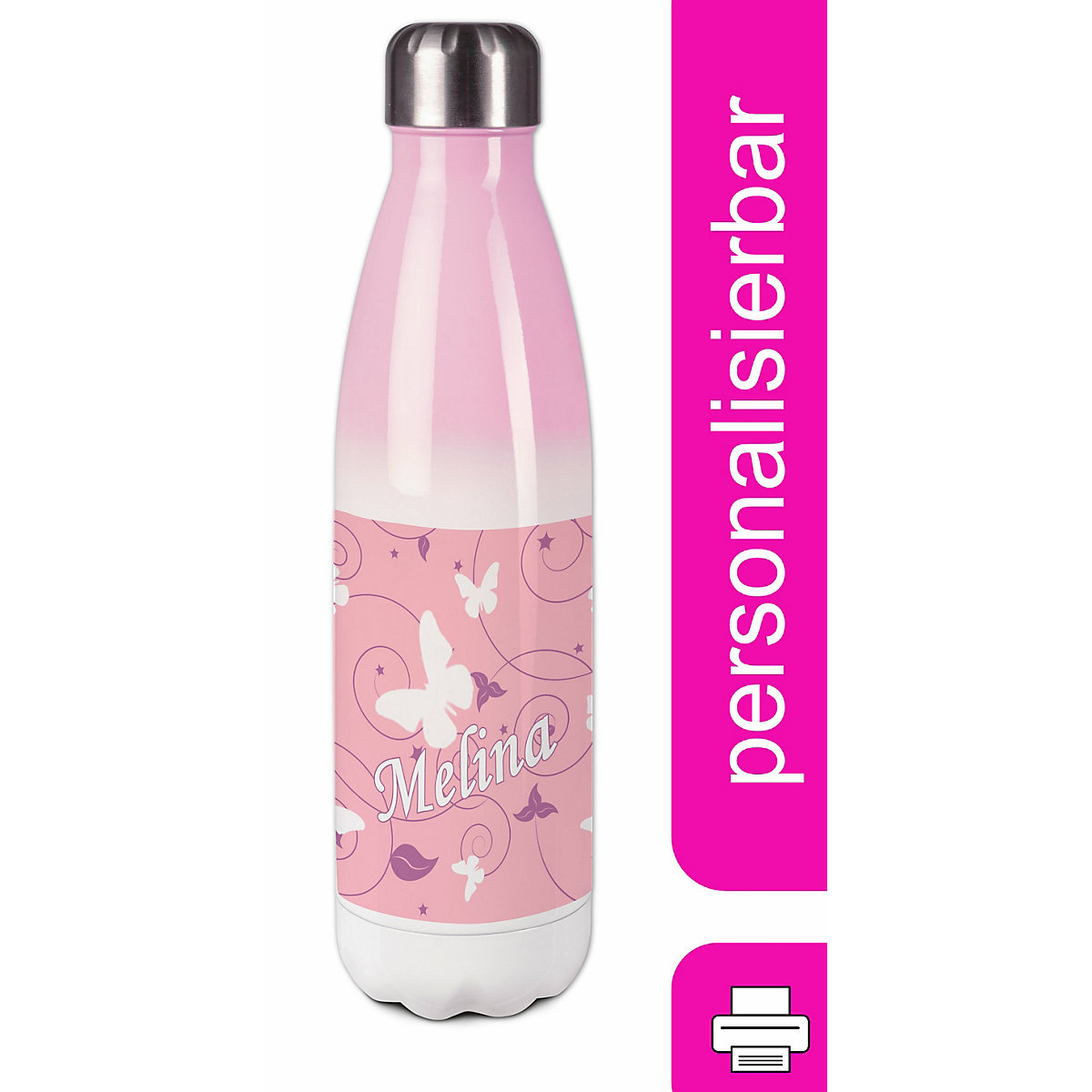 Edelstahl Kinder Thermoflasche / Trinkflasche bunt Schmetterling Ornamente Farbe rosa lila Spülmaschinenfest, Auslaufsicher, Bruchfest, Doppelwandig, Für Heißgetränke geeignet, Mit Deckel, Isolier