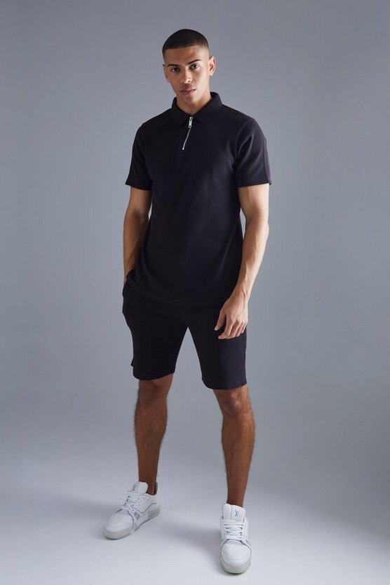 Slim-Fit Poloshirt & Shorts in Waffeloptik