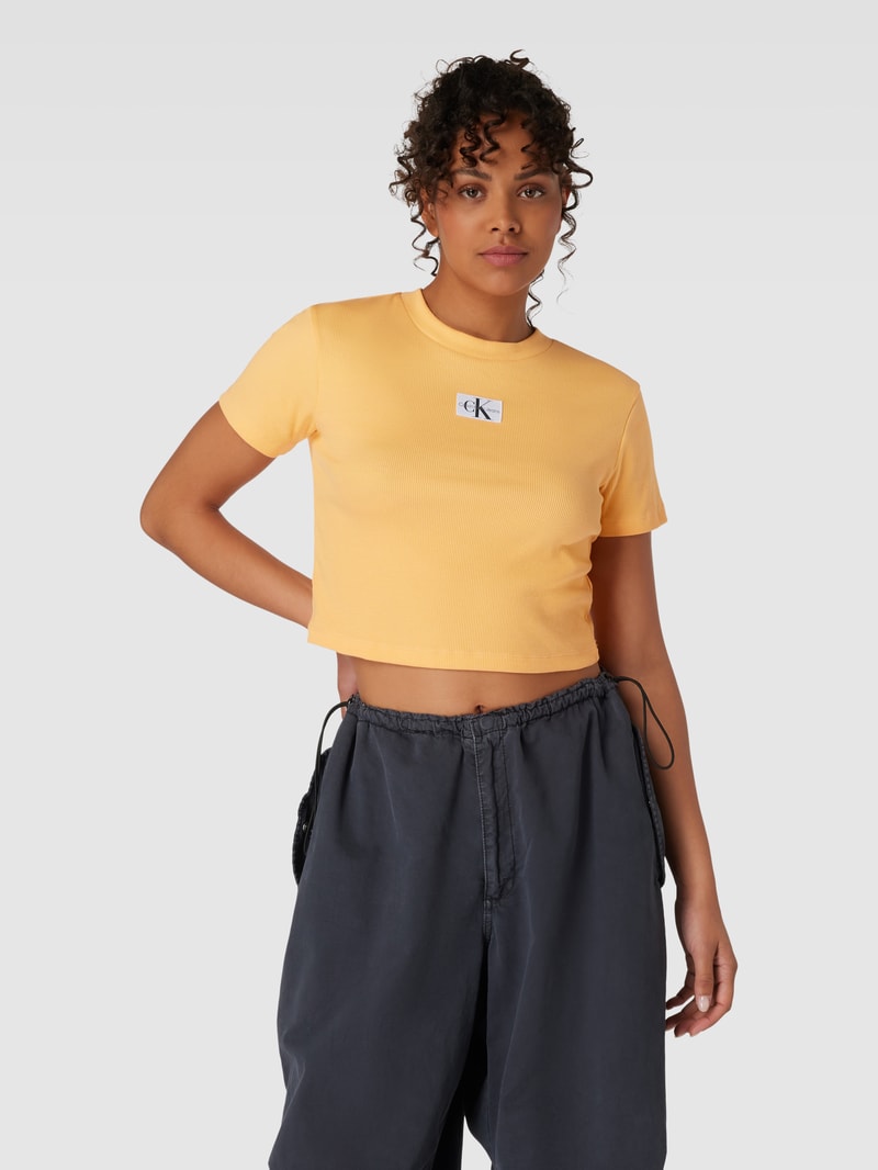 T-Shirt in Feinripp-Optik Modell 'BADGE' in orange