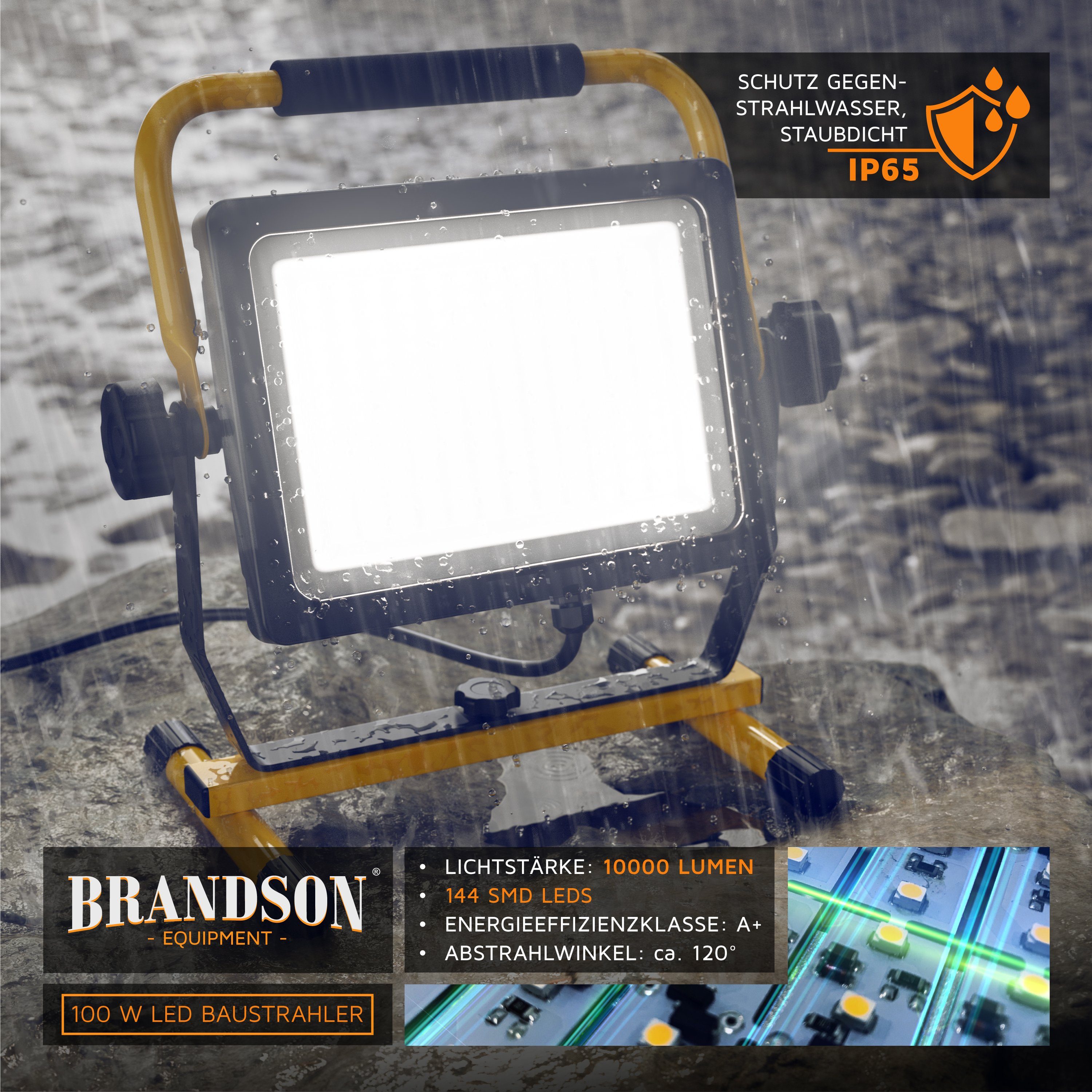 Brandson Baustrahler, LED fest integriert, Tageslichtweiß, 100W LED Arbeitsleuchte mit 144 SMD LEDs, Bauscheinwerfer