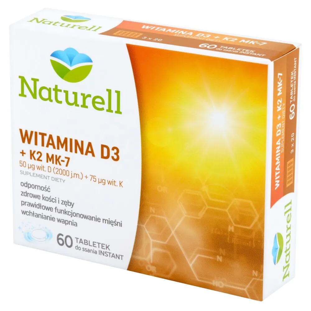 „Naturell“ vitaminas D3 + K2 MK-7, 2000 TV + 75 mcg, greito veikimo pastilės