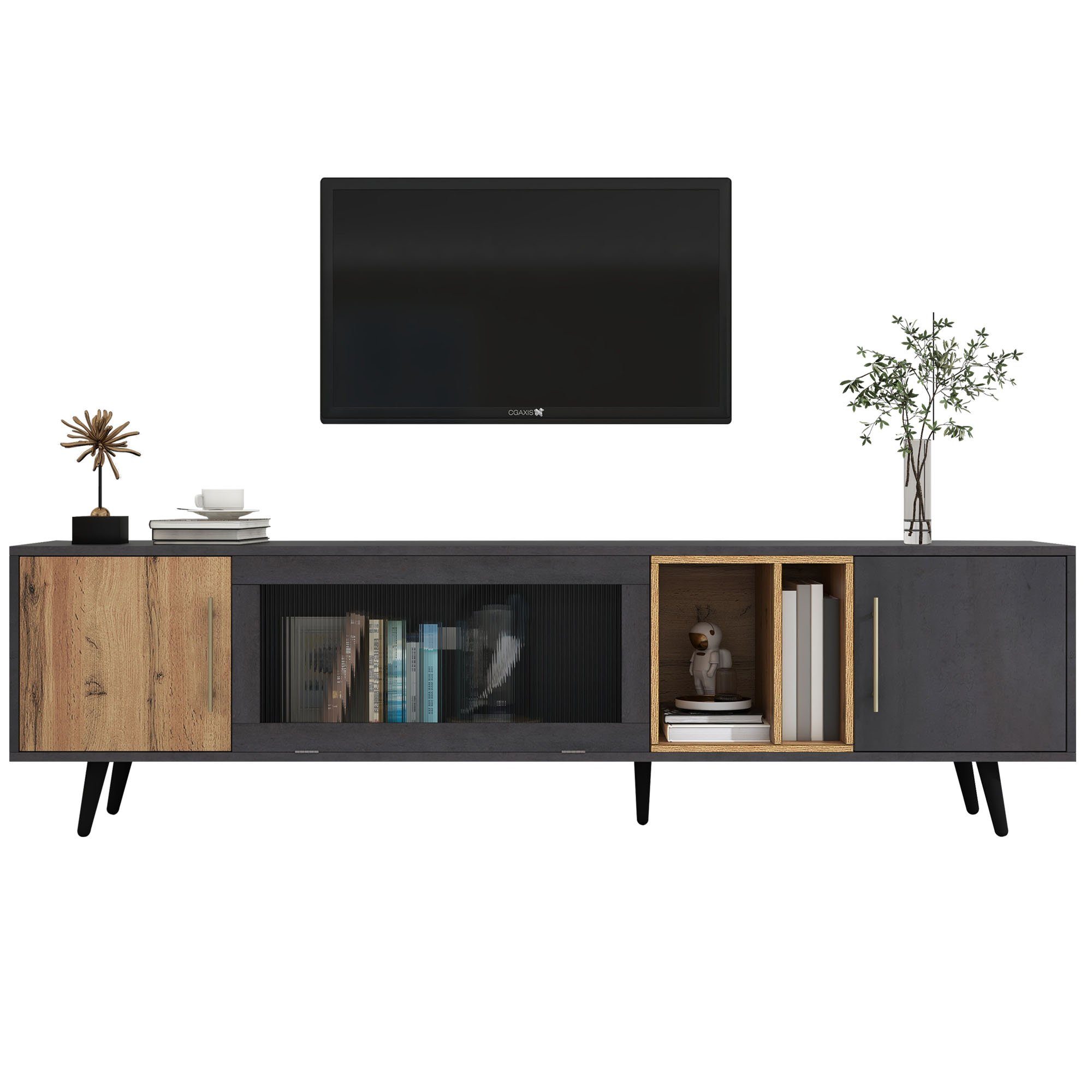Merax Lowboard mit Klapptür aus Glas und abnehbarem Fach, TV-Schrank mit großen Stauraum, Breite 200cm