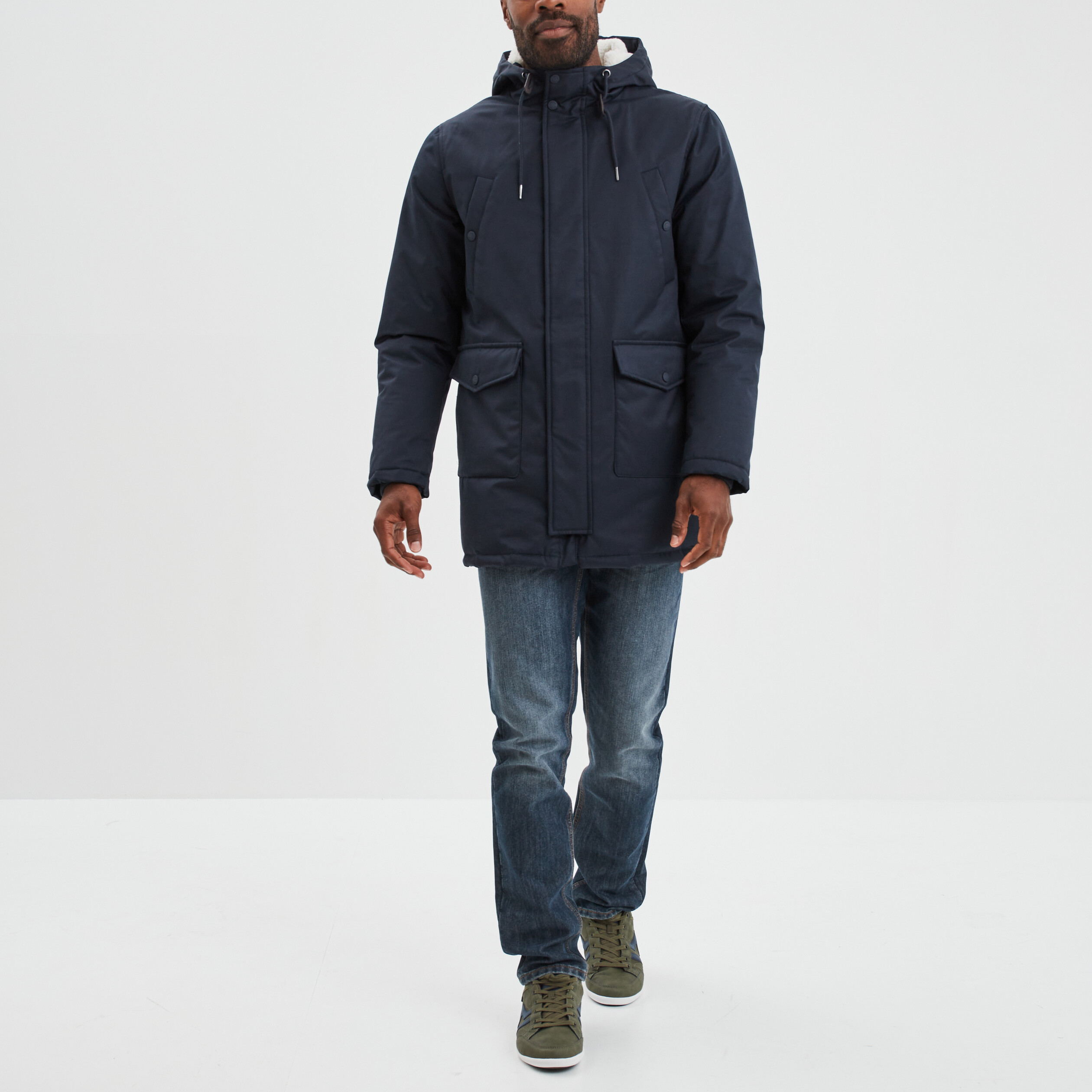 Parka mi-longue à capuche doublée bleu foncé homme | La Halle