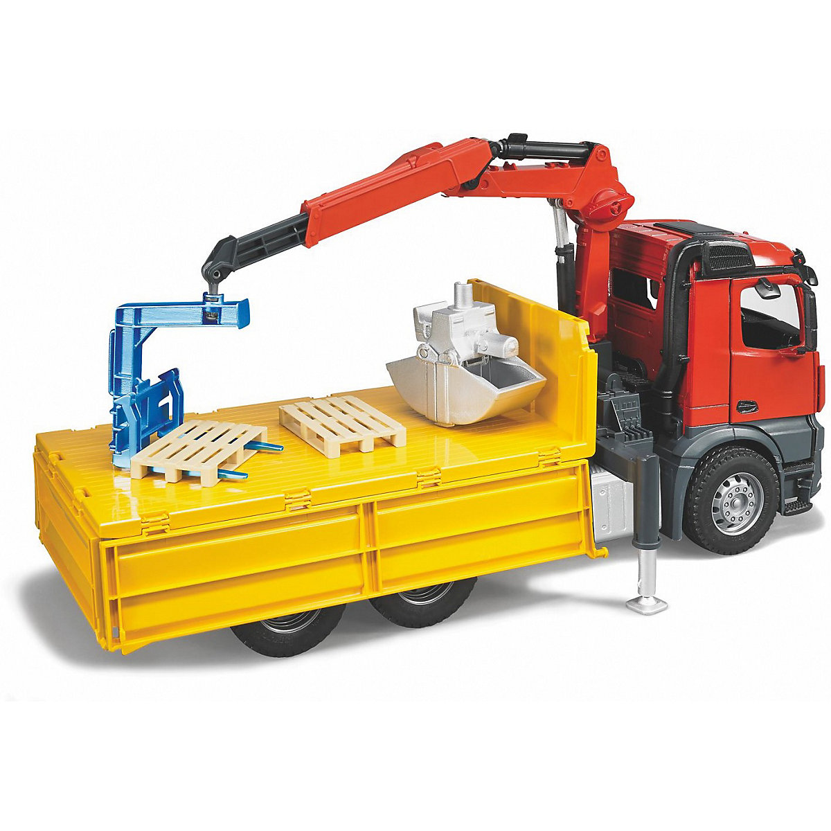 Bruder 3651 Profi-Serie MB Arocs Baustellen-LKW mit Kran, Schaufelgreifer, Palettengabeln und 2 Paletten 1:16