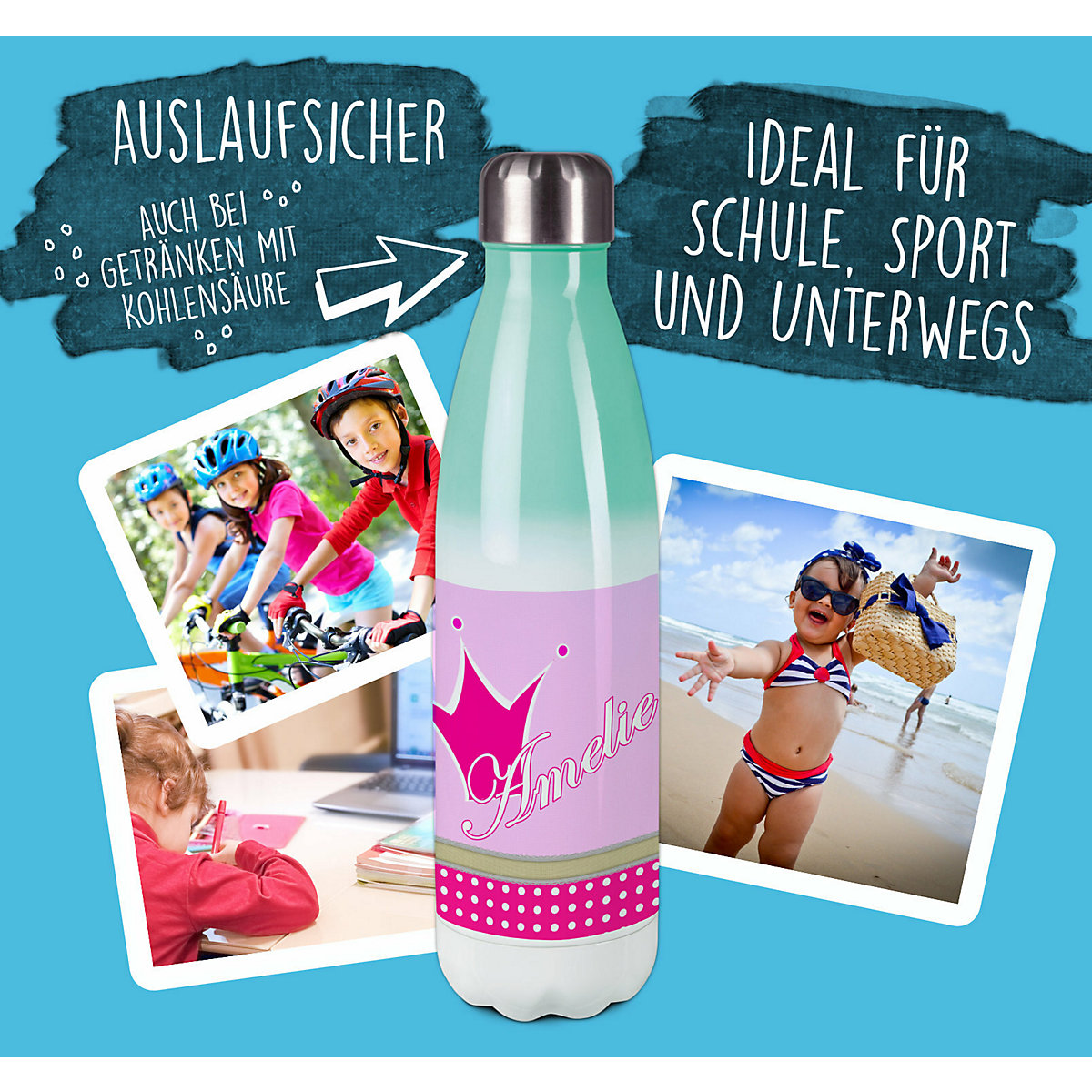Edelstahl Kinder Thermoflasche / Trinkflasche bunt Krone Farbe pink Spülmaschinenfest, Auslaufsicher, Bruchfest, Doppelwandig, Für Heißgetränke geeignet, Mit Deckel, Isoliert