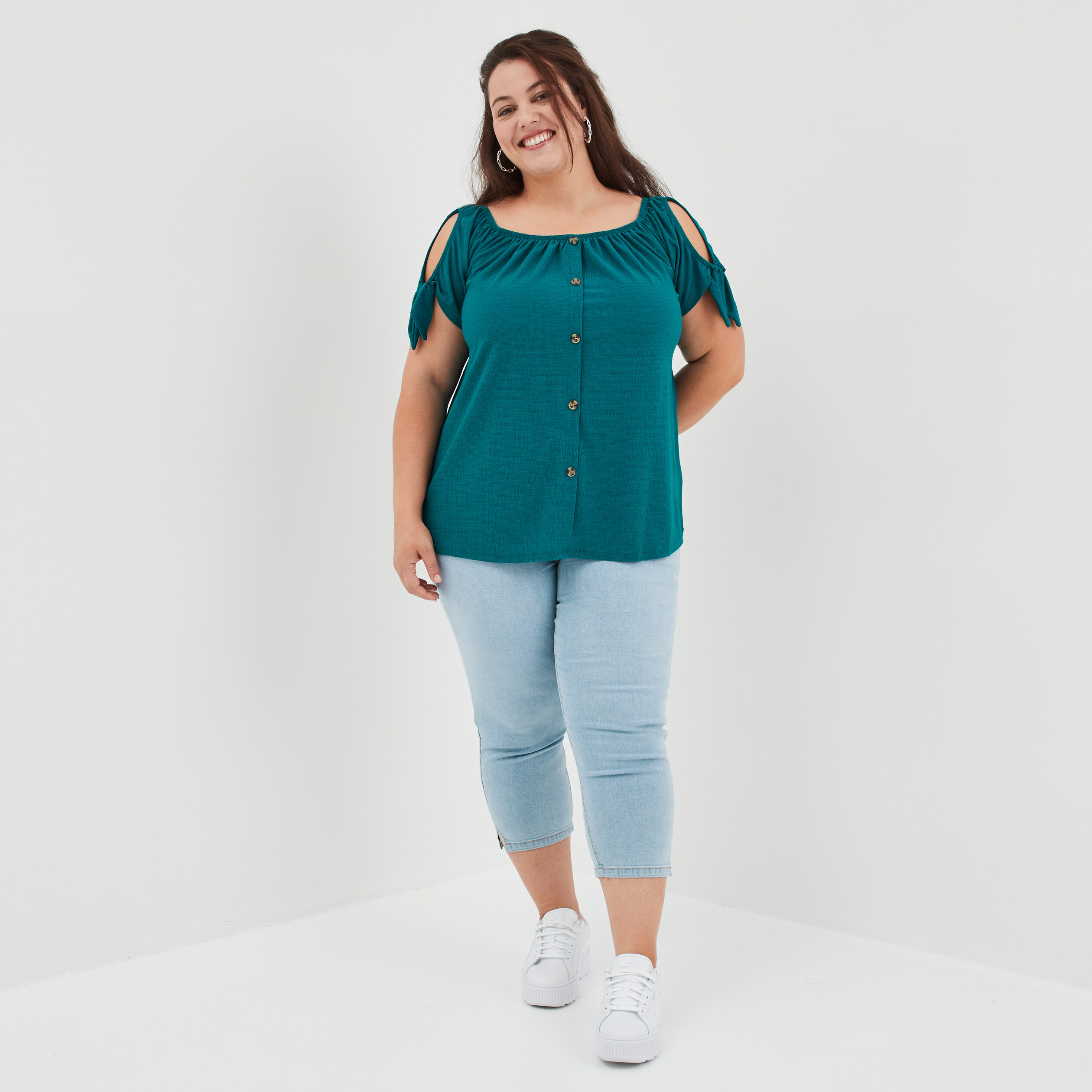 T-shirt col bardot manches noeuds bleu canard femme grande taille | La Halle