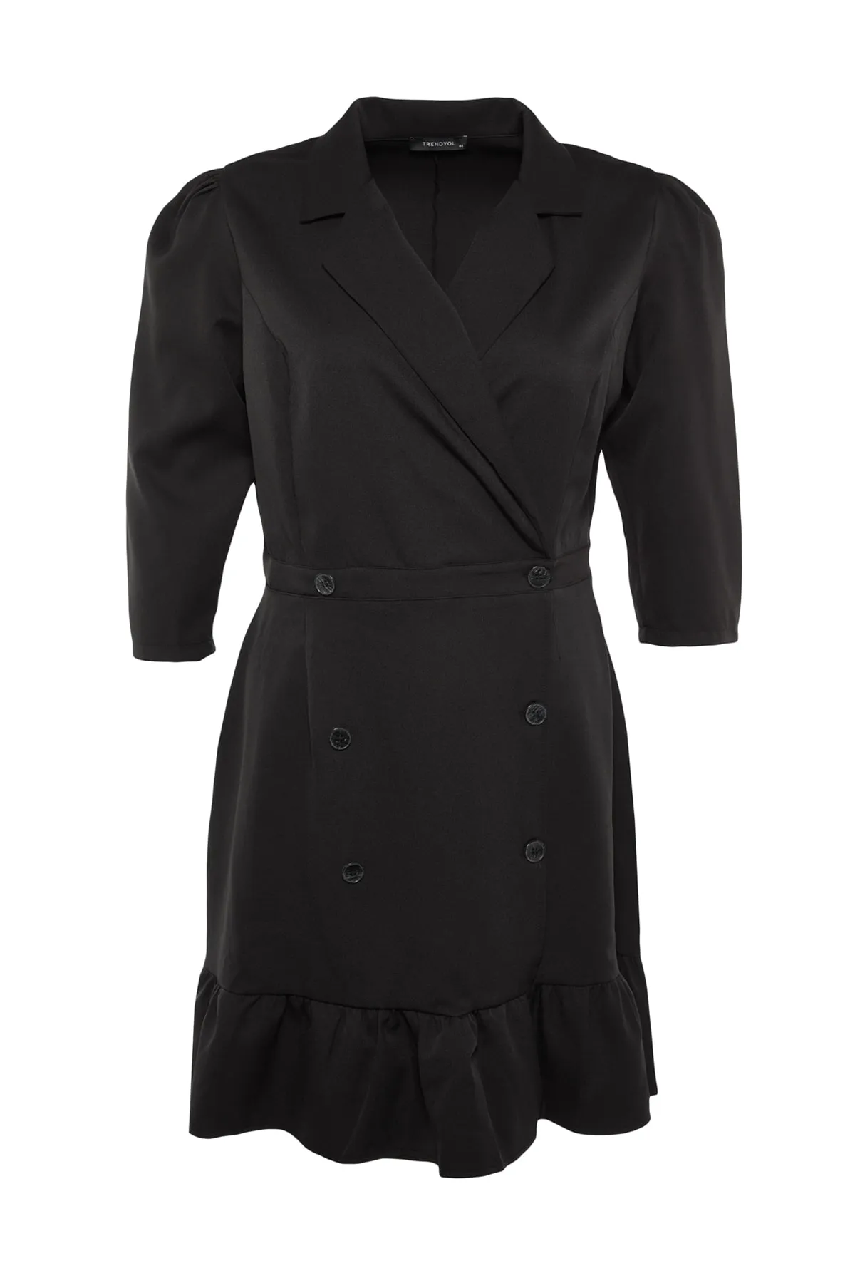 Trendyol Curve  Schwarzes, ungefüttertes, gewebtes Mini-Jackenkleid mit Dreiviertelärmeln in Übergröße TBBAW23AH00042