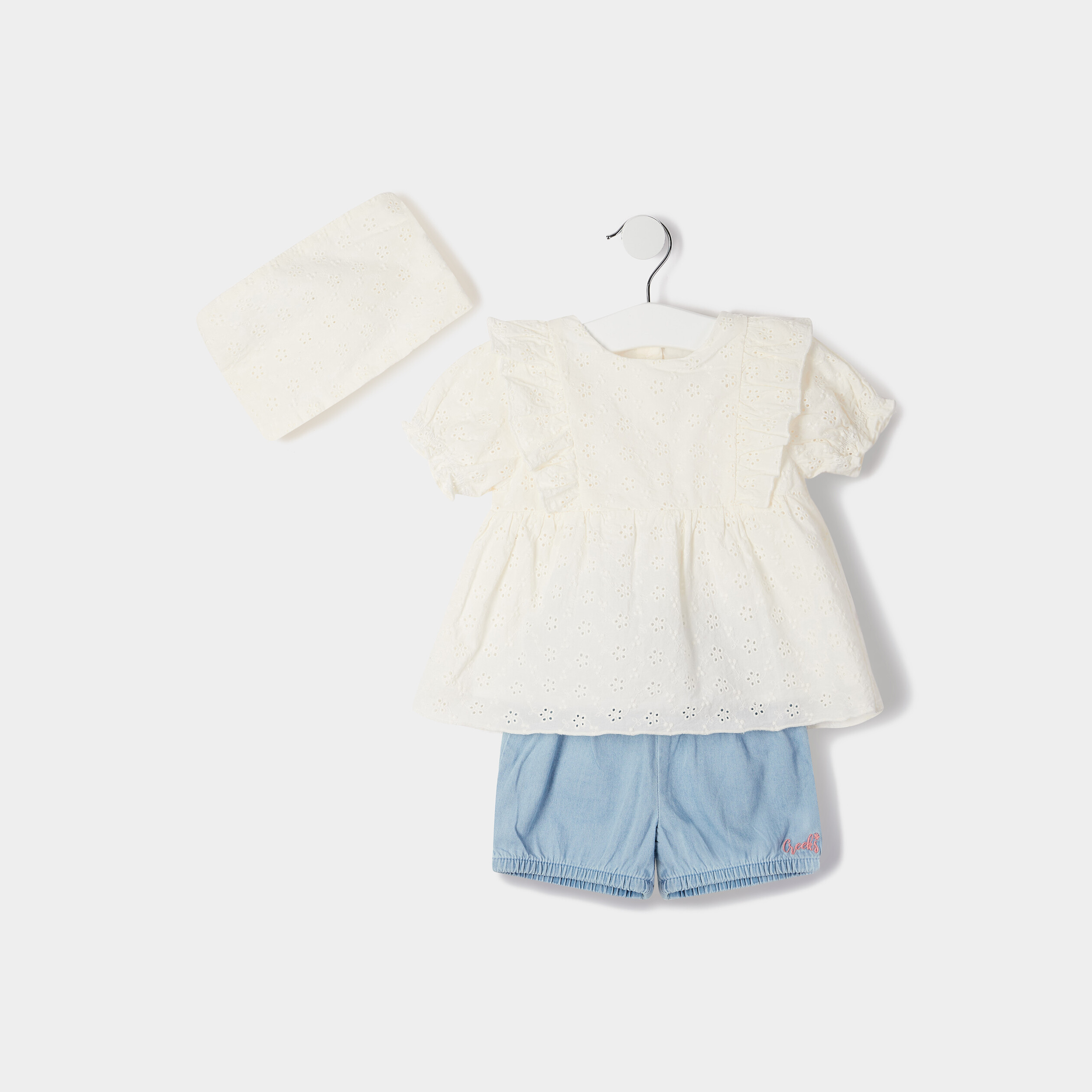 Ensemble 3 pièces avec broderie denim bleach bébé fille | La Halle