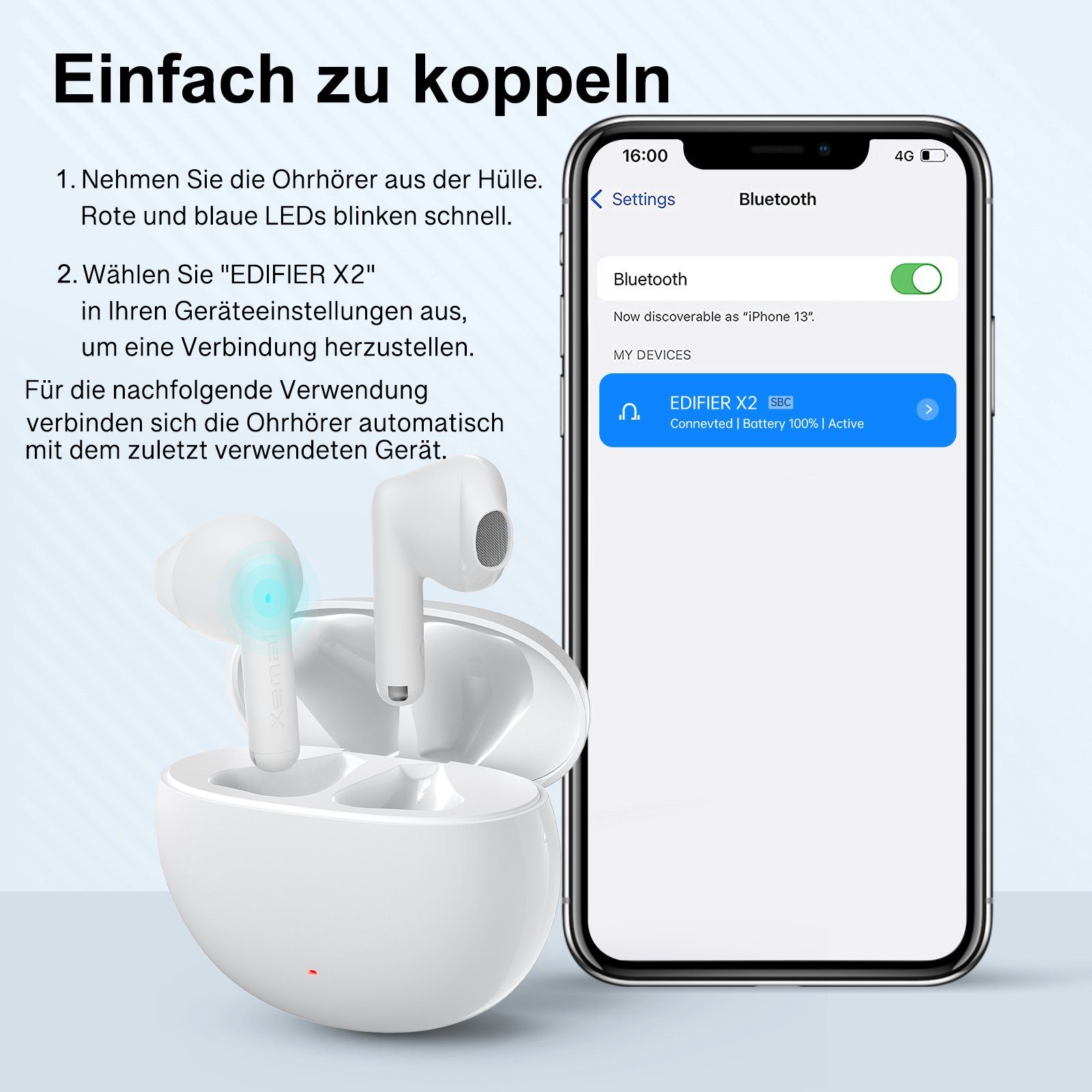 Edifier® X2 wireless In-Ear-Kopfhörer (Sprachassistent, zwei eingebauten Mikrofonen)