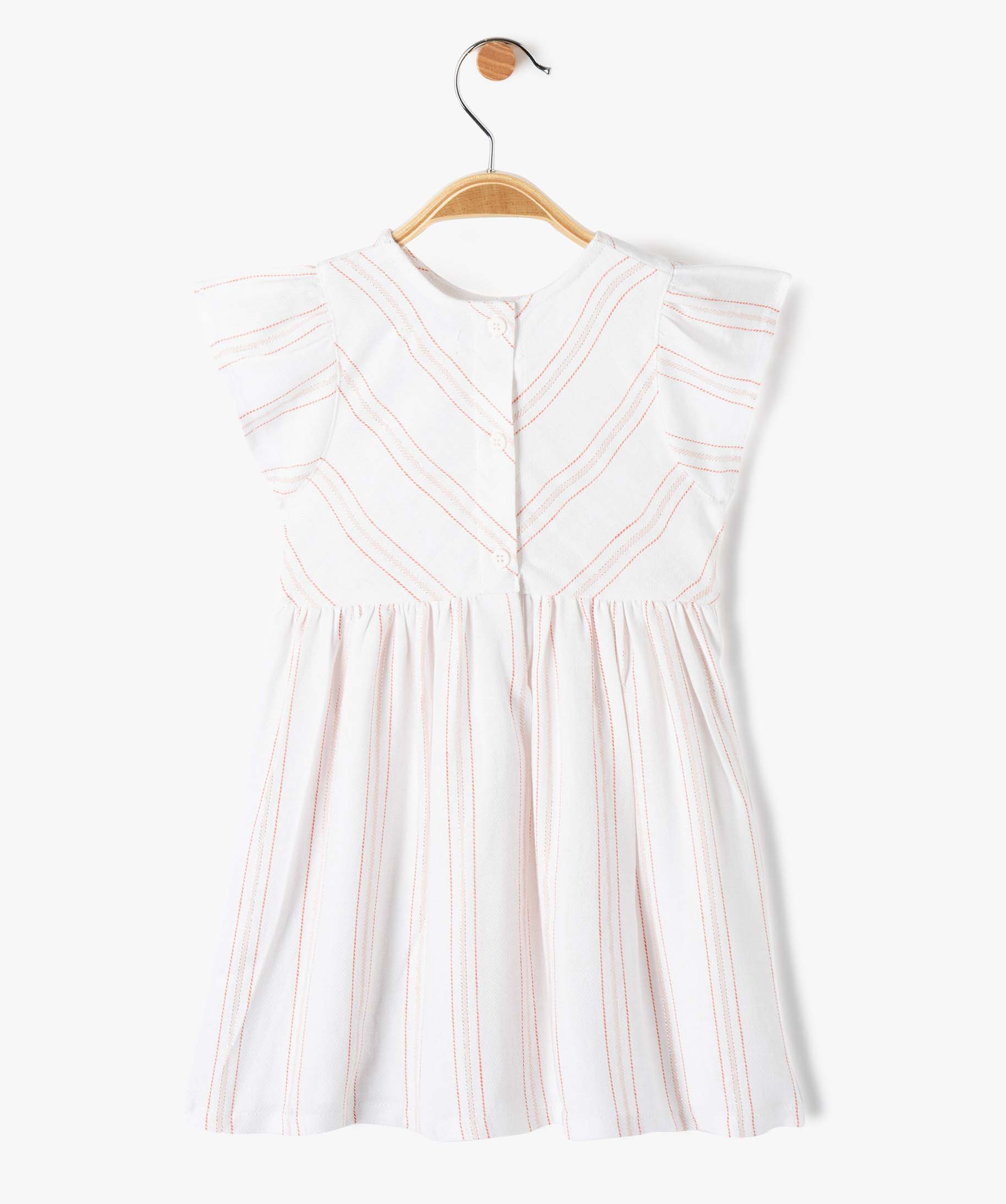Robe bébé fille en lin à rayures avec manches volantées blanc | GEMO
