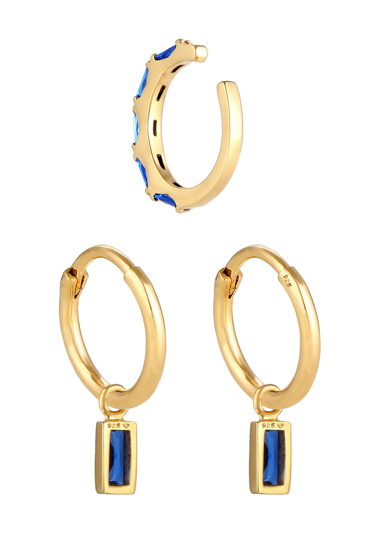 Boucles d'oreilles Elli PREMIUM pour femmes, modernes et élégantes, ornées de saphirs, en argent sterling 925 et plaqué or.