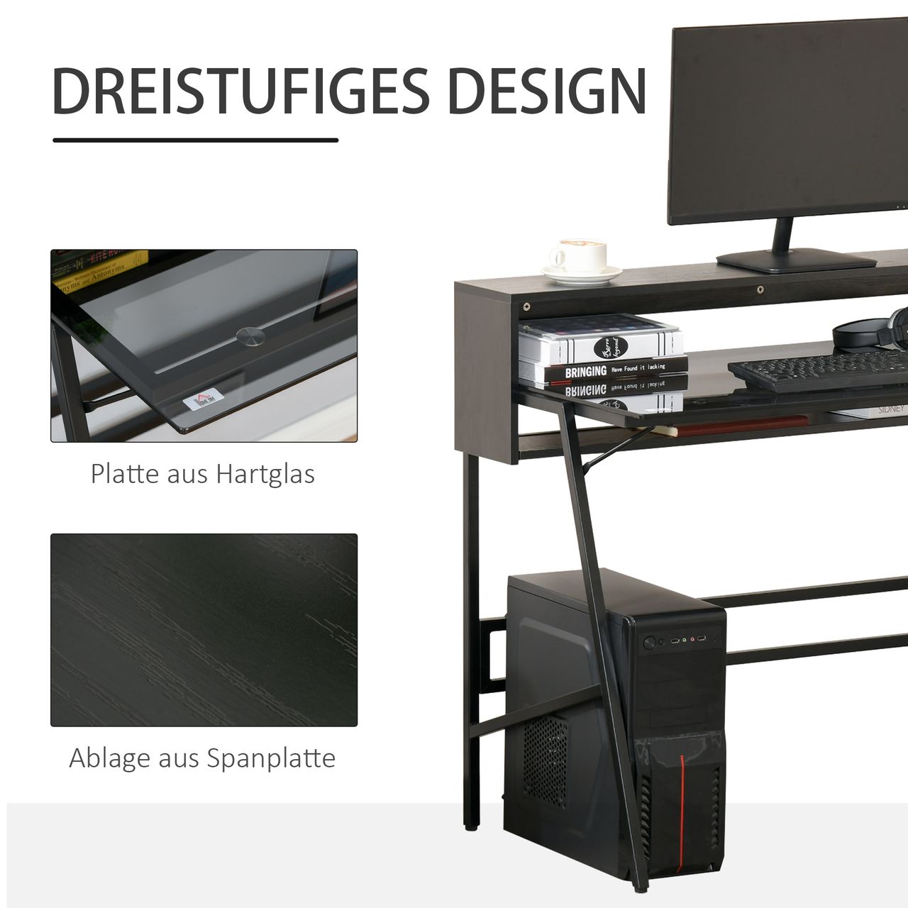 HOMCOM Computertisch Schreibtisch mit zwei Ablagen moderner Gamingtisch mit gehärtetem Glasplatte Home-Office verstellbare Fußmatte Stahl Spanplatte Schwarz Grau 115 x 55 x 90 cm