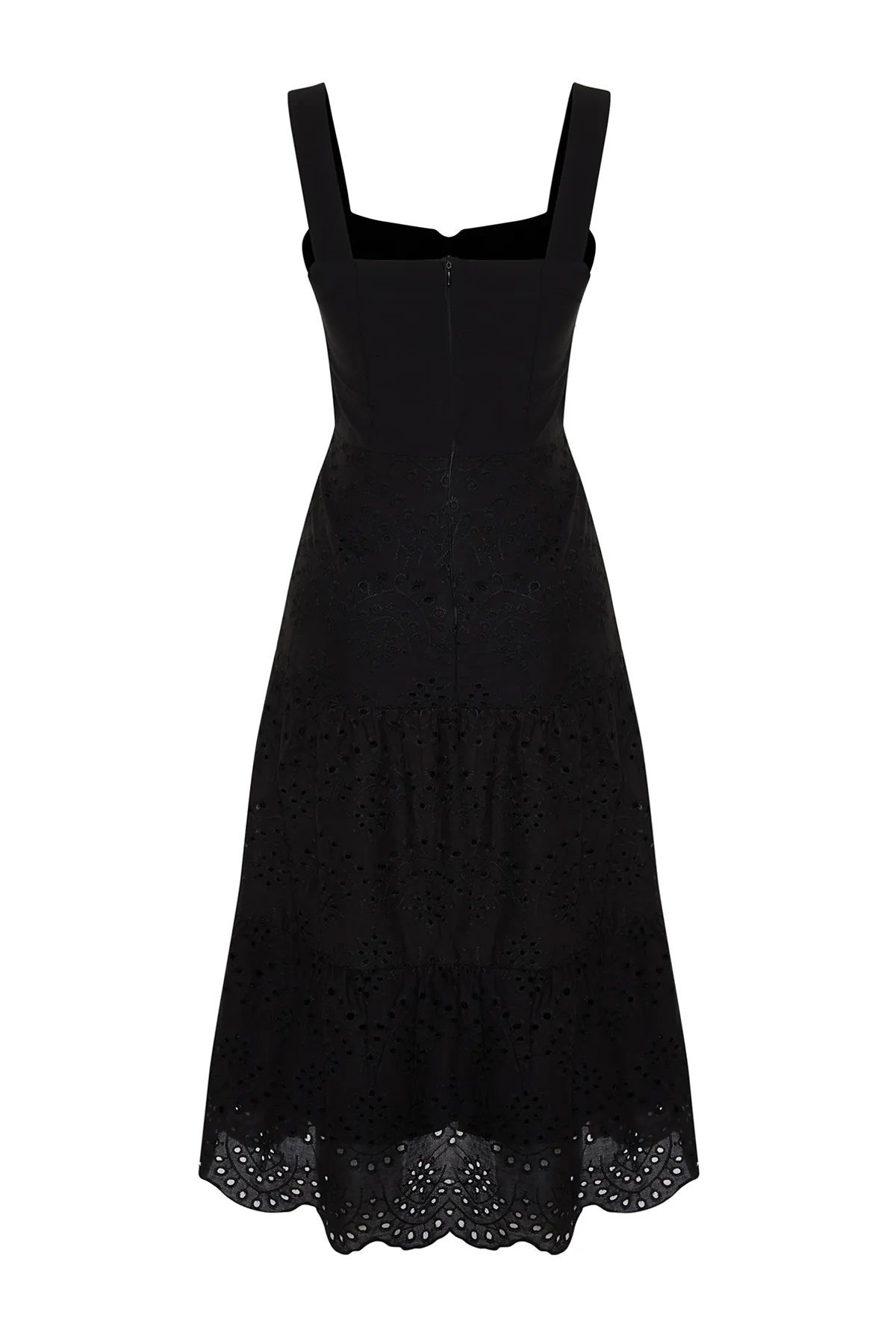 Trendyol Collection  Schwarzes Midikleid mit Taillenöffnung, gefüttert und bestickt, gewebtes Kleid TWOSS23EL00156