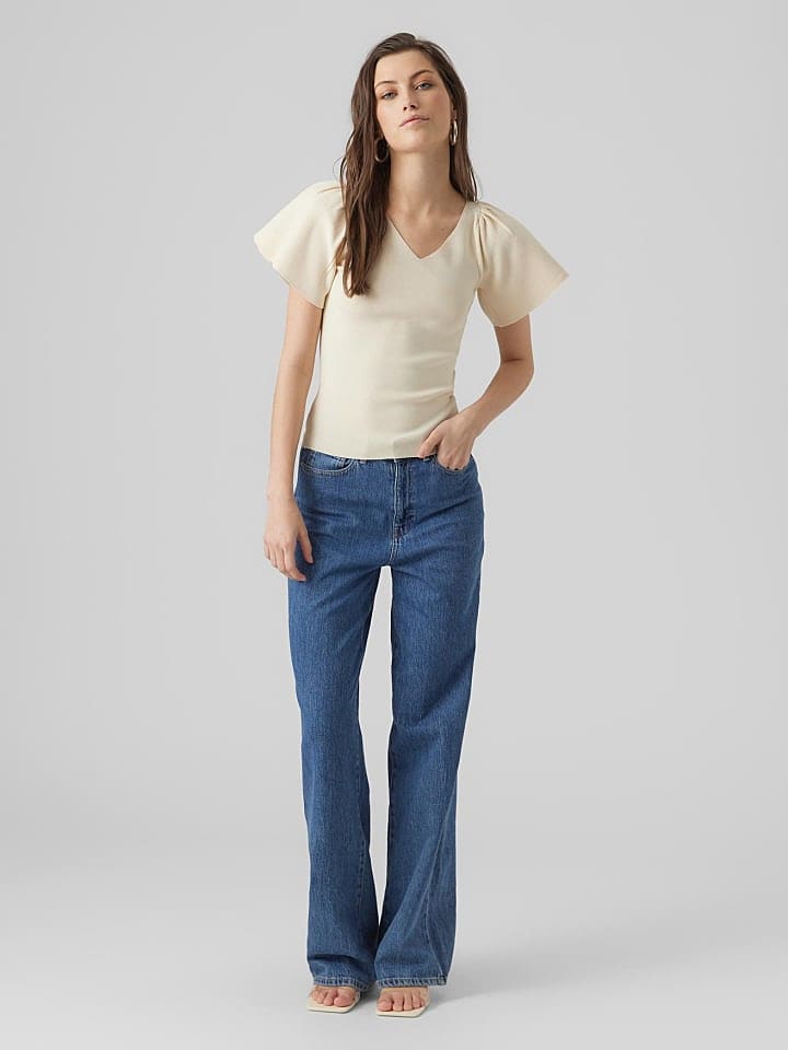 Vero Moda Geripptes Rüschen T-Shirt Kurzarm Strick Shirt VMGINNY in Beige günstig kaufen XS