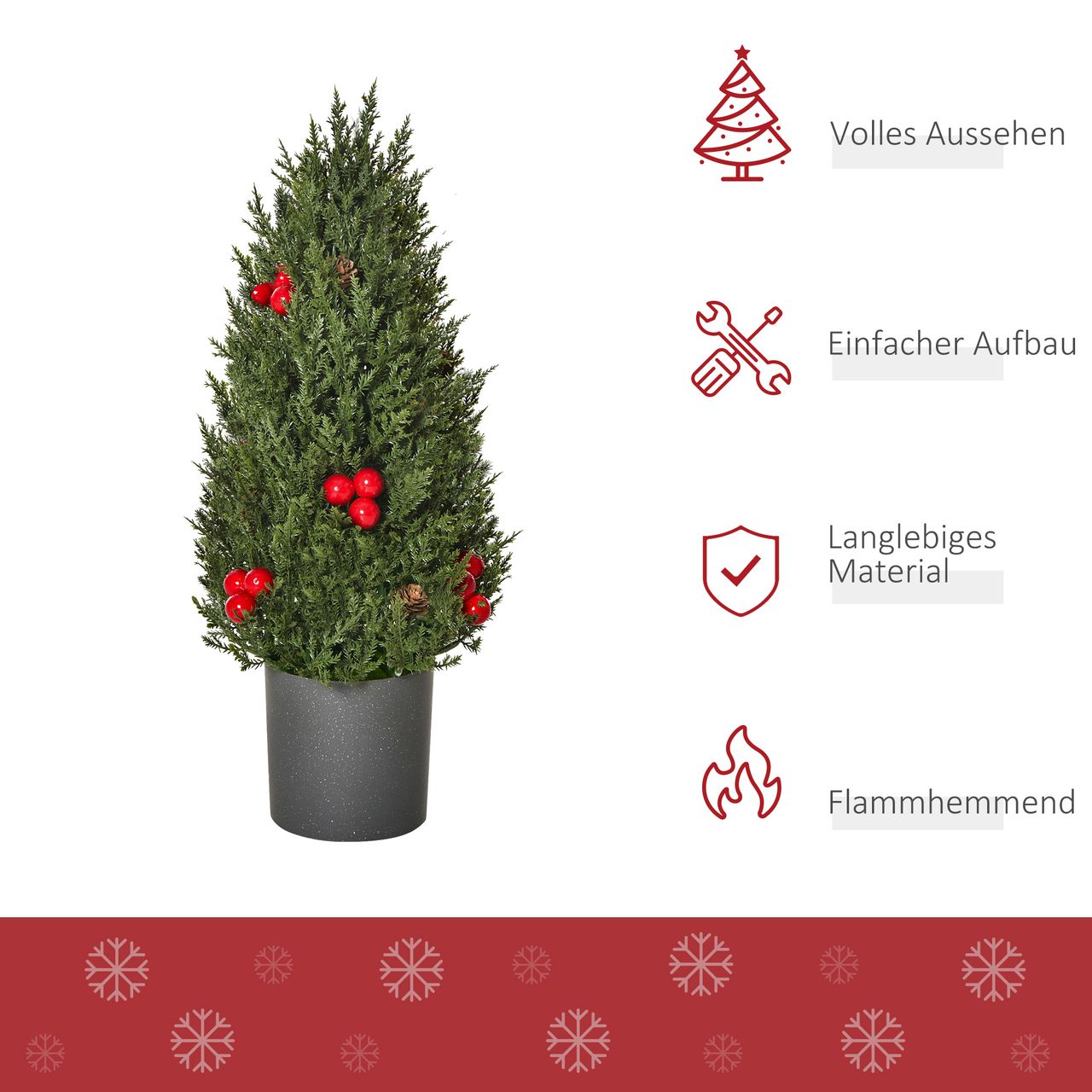 HOMCOM Weihnachtsbaum 50 cm Christbaum Zypressen-Weihnachtsbaum mit 7 roten Beeren und 6 Tannenzapfen Kunsttanne 170 Zweige für Tisch und Schreibtisch PVC PE Grün Ø27 x 47 cm