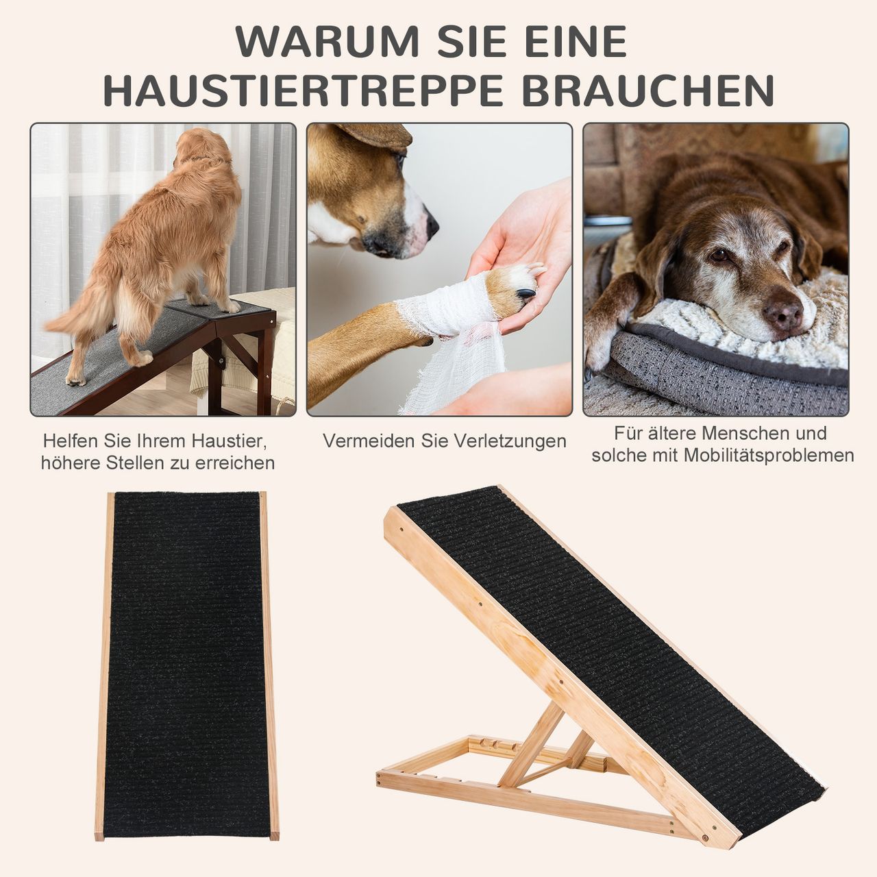 PawHut Haustierrampe mit rutschfestem Teppich verstellbarer Haustierleiter Hunderampe für großen Hund Kiefernholz Polyester Schwarz Naturholz 90B x 40T x 61H cm