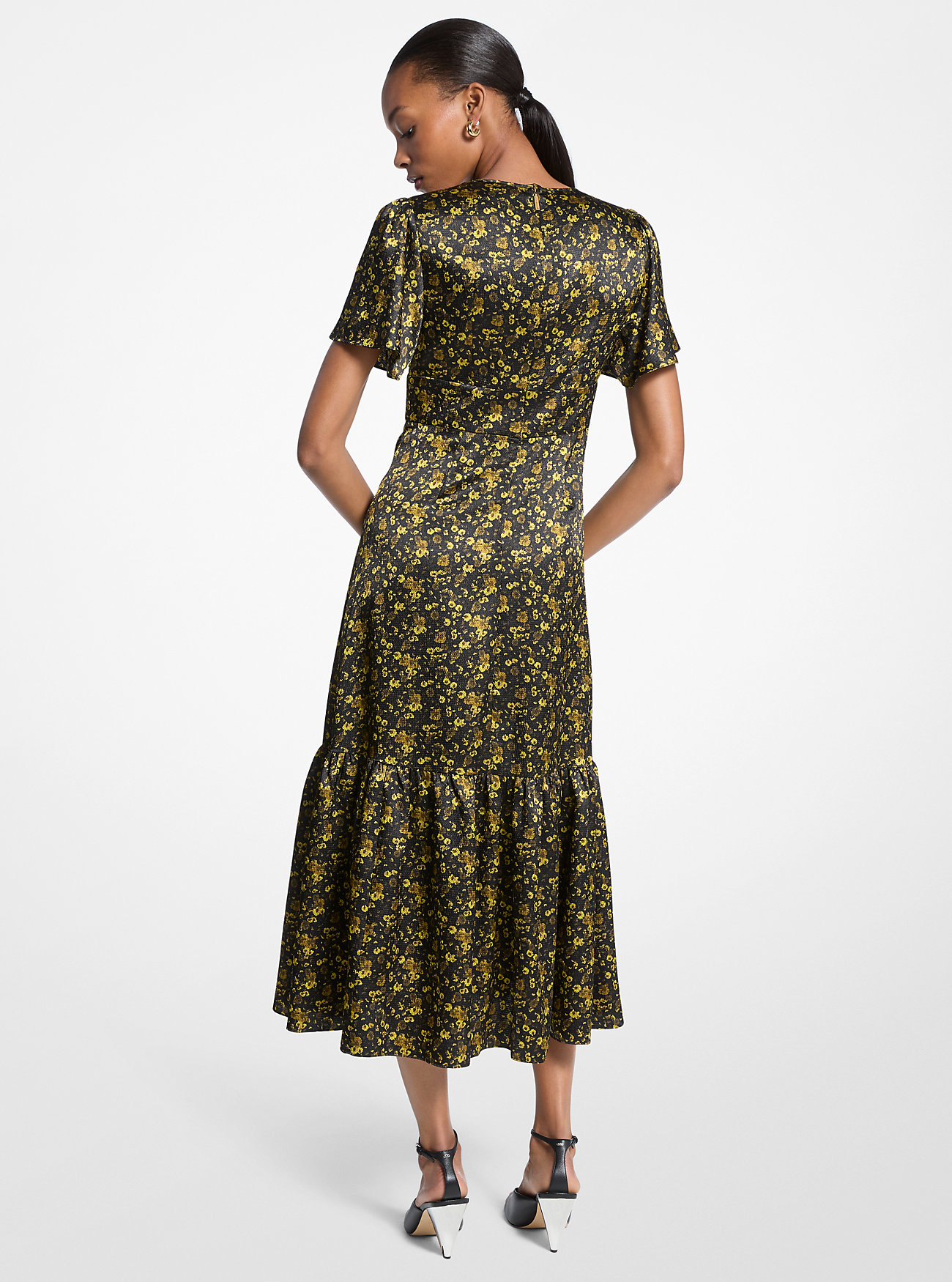 Floral Hammered Satin Midi Dress - PISTACHIO
