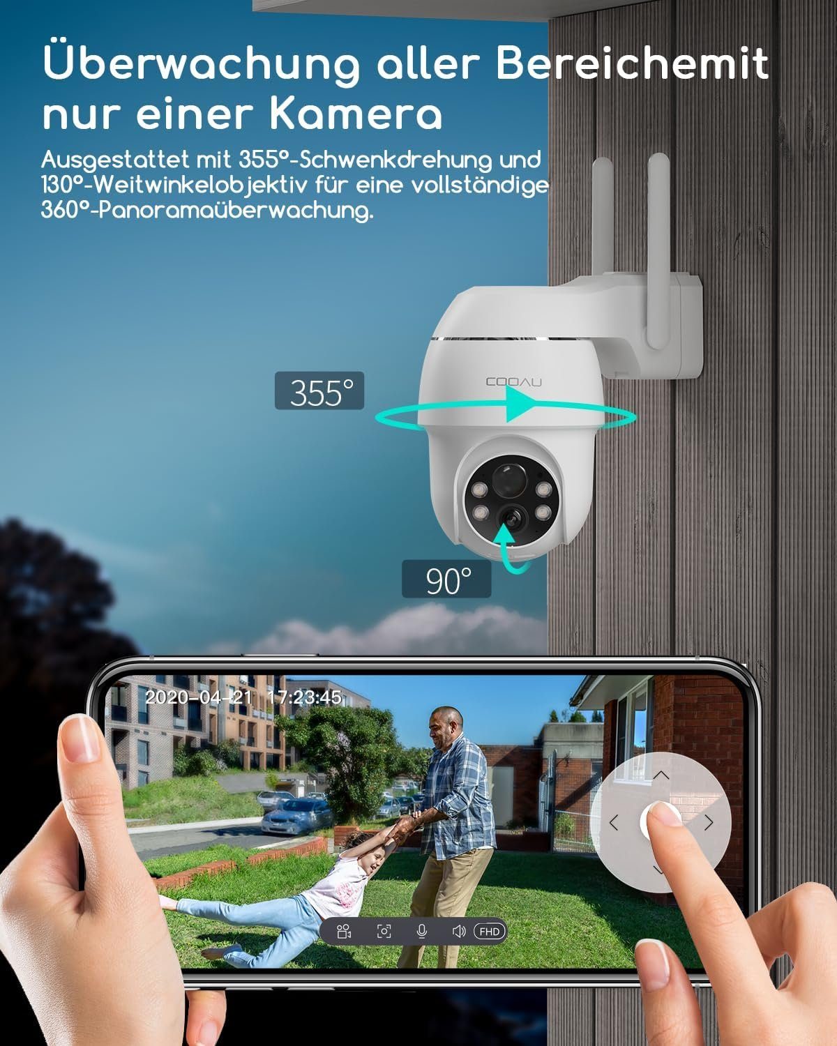 COOAU 2K 3MP Überwachungskamera Aussen Akku Kabellose WLAN IP Kamera Überwachungskamera (Außenbereich, Wald, Farm, Campingbus, Straße, 355°/90° Schwenkbar,Nachtsicht in Farbe, Personen-/Bewegungserkennung, Intelligente PIR-Erkennung-Fast keine Fehlal