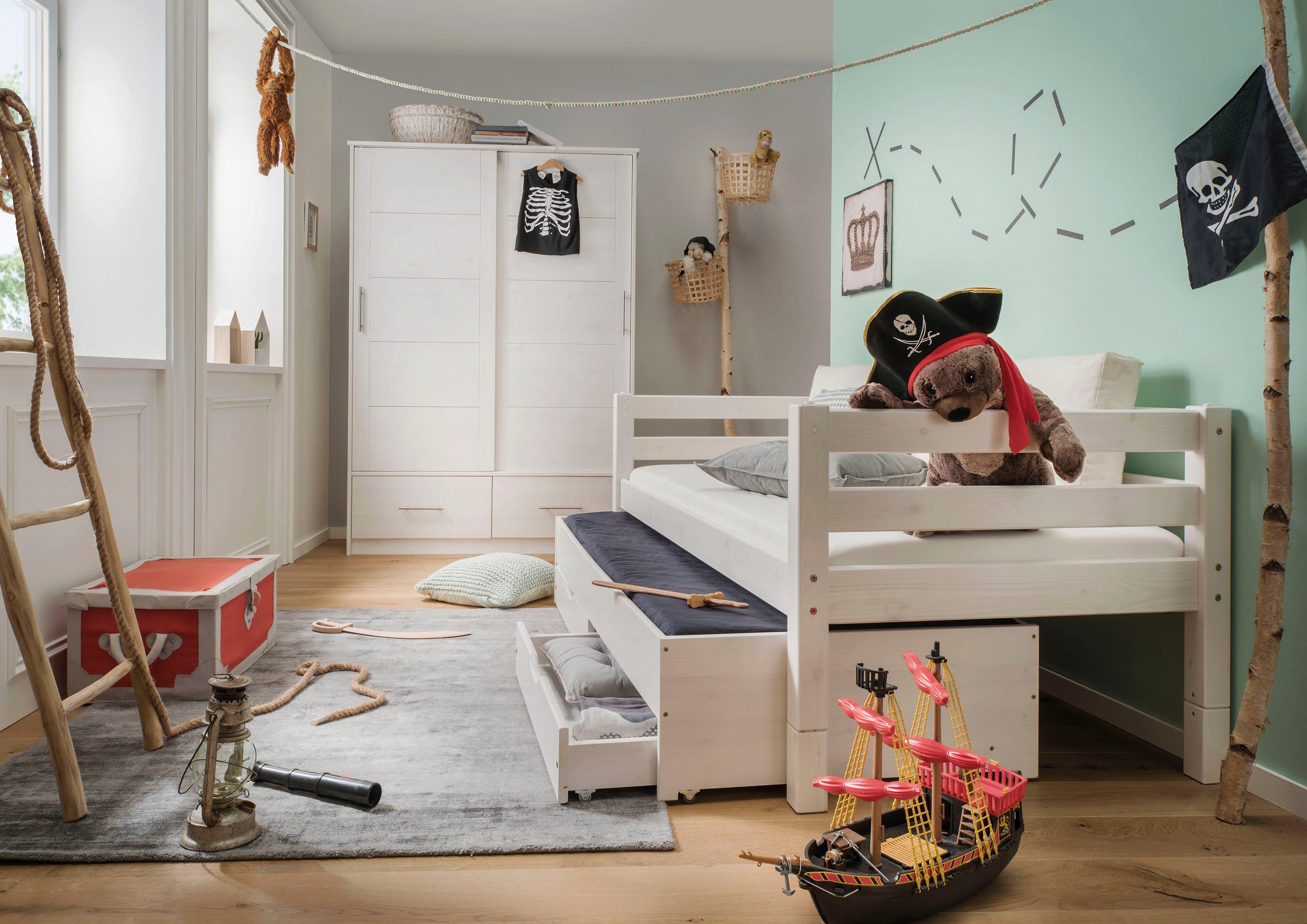Lüttenhütt Kinderkleiderschrank Henne Schiebetürenschrank, Kleiderschrank mit Schiebetüren, Kiefer massiv