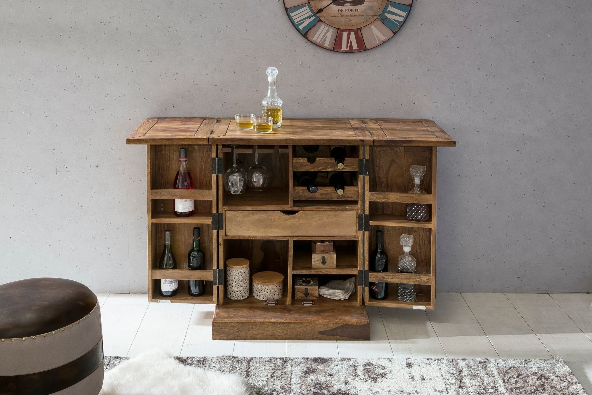 Wohnling Barschrank WL1.735 (Hausbar Sheesham Massivholz 65x91x50 cm mit Türen) Weinbar Ausklappbar, Barschrank, Kleine Bar Buffet