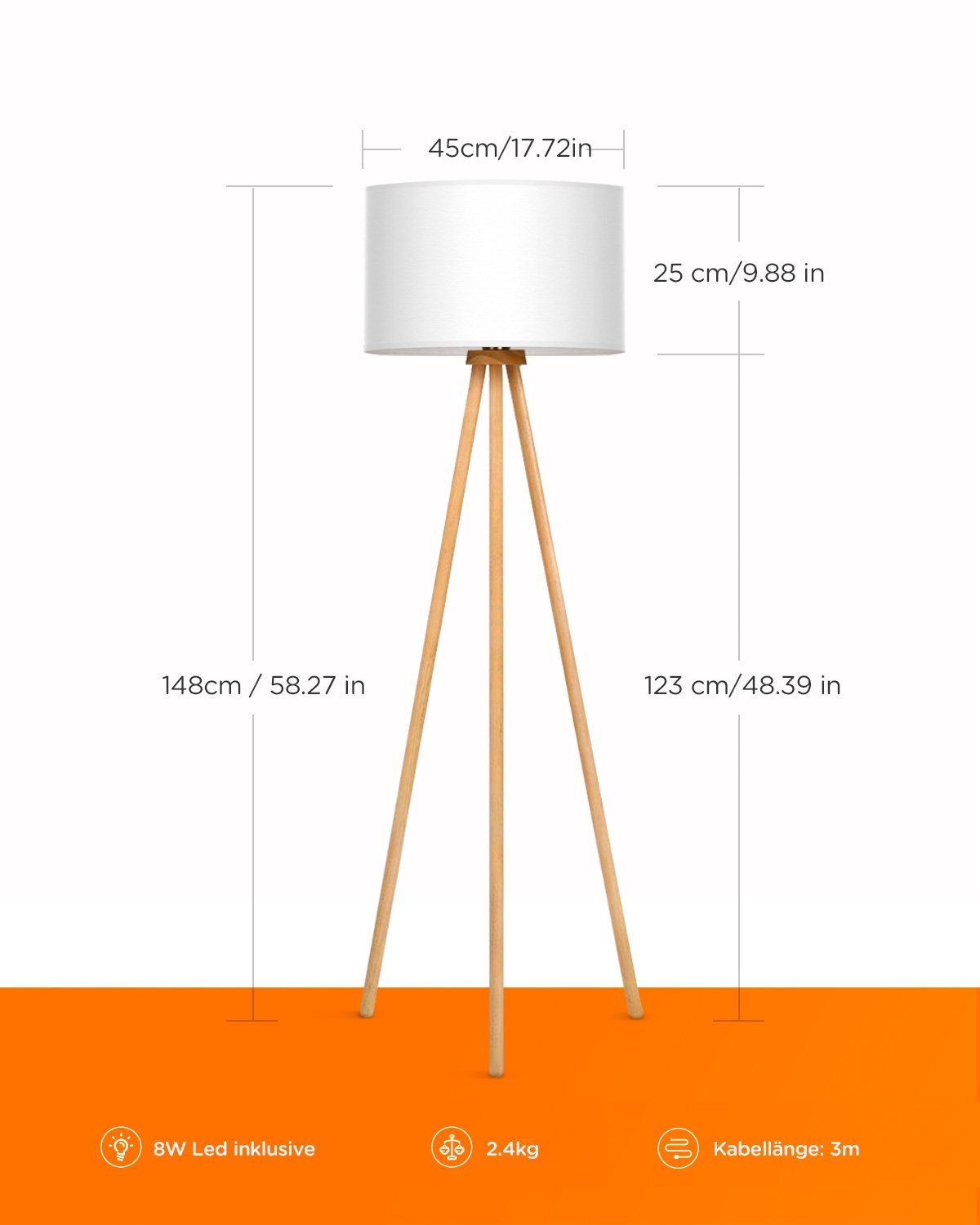 Tomons LED Stehlampe Stehleuchte Stativ aus Holz, mit 8W LED-Leuchtmittel, LED fest integriert