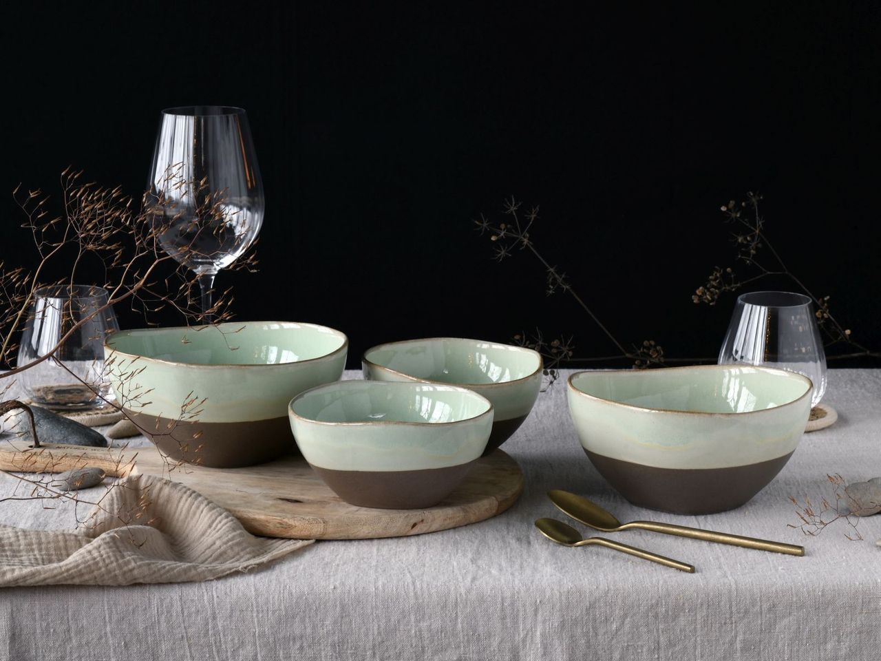 CreaTable Basalt Bowls, Salbei, 4-teiliges Geschirrset, Bowl Set  aus Steinzeug